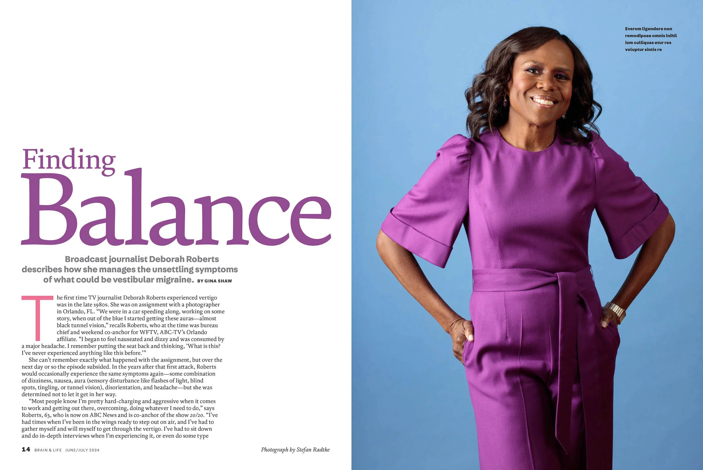 Magazine spread featuring journalist in purple outfit, discussing vestibular migraine, against blue background.