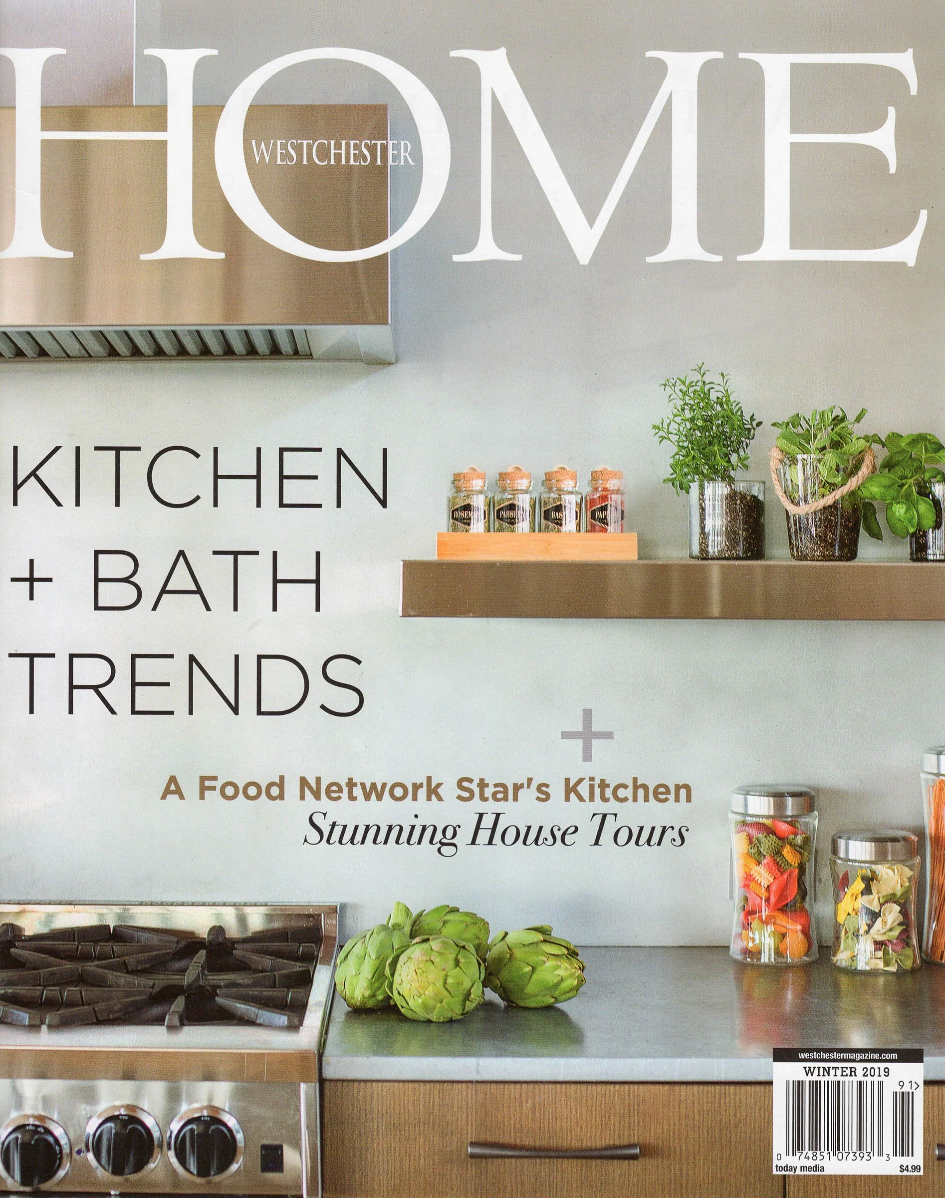 Magazine cover titled "Westchester Home" featuring kitchen and bath trends. Includes images of a modern kitchen with a stove, jars of spices, and plants.