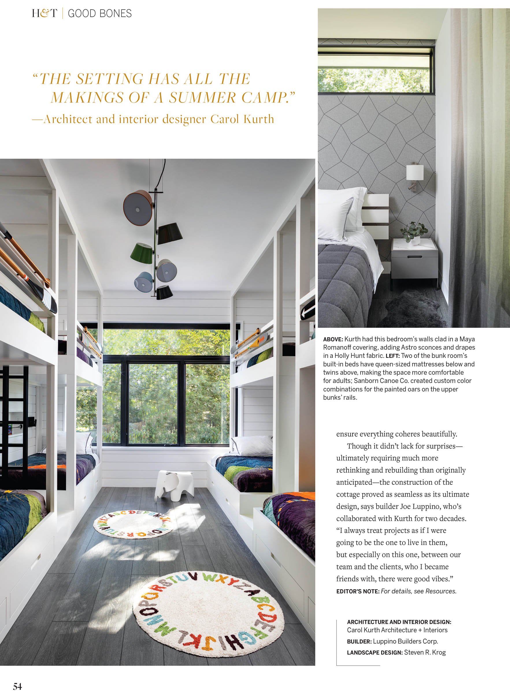 Modern bunk room with large windows, four bunk beds, decorative ceiling lights, and round alphabet rugs on the floor. Right inset shows a modern bedroom with geometric wall design.