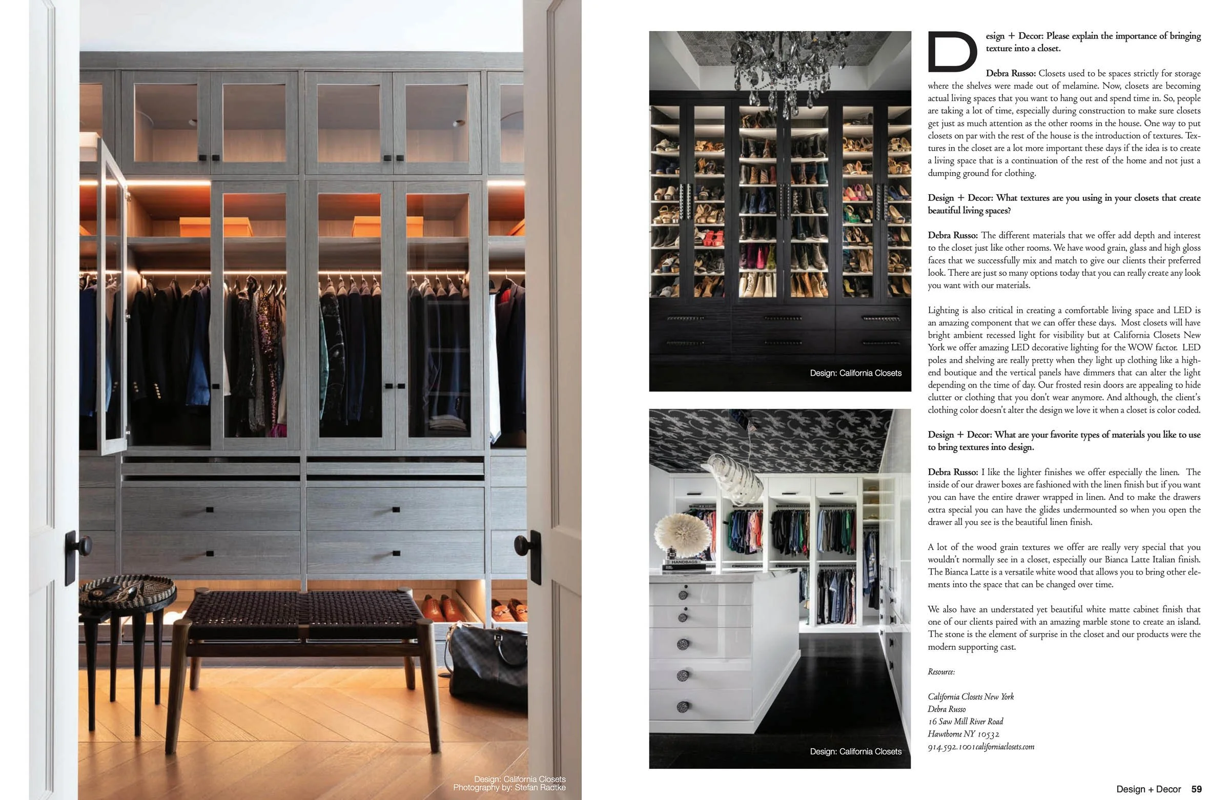 Interior design magazine spread featuring custom closet designs with wooden cabinetry, illuminated shoe shelves, and organized clothing storage. Includes text on closet design tips and materials. Designers: California Closets.