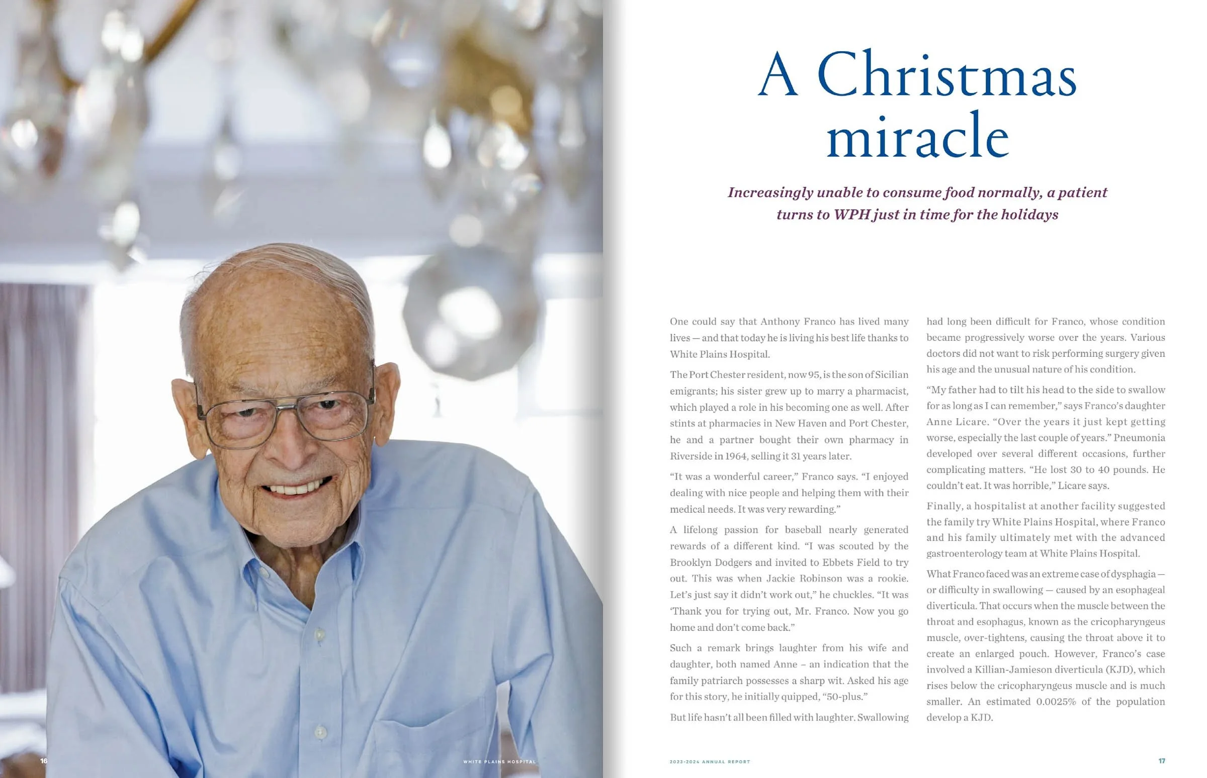 Magazine spread featuring an elderly man smiling, wearing glasses and a light blue shirt, with accompanying text about a personal story titled 'A Christmas Miracle.'