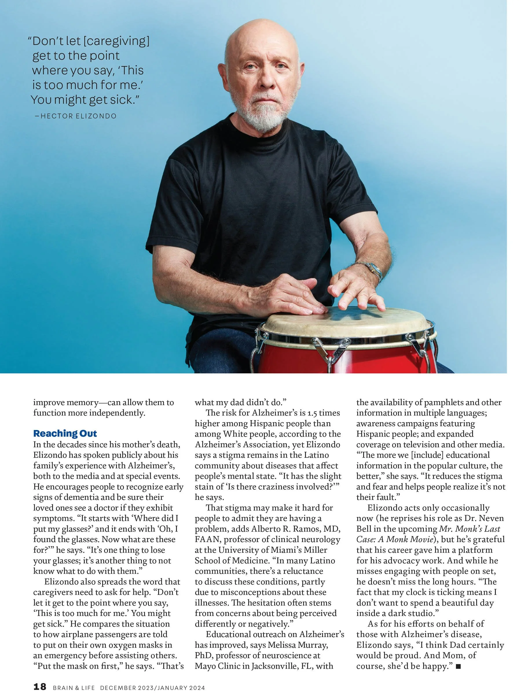 Man wearing a black t-shirt playing a drum with a quote about caregiving and a text about Alzheimer's awareness and education.