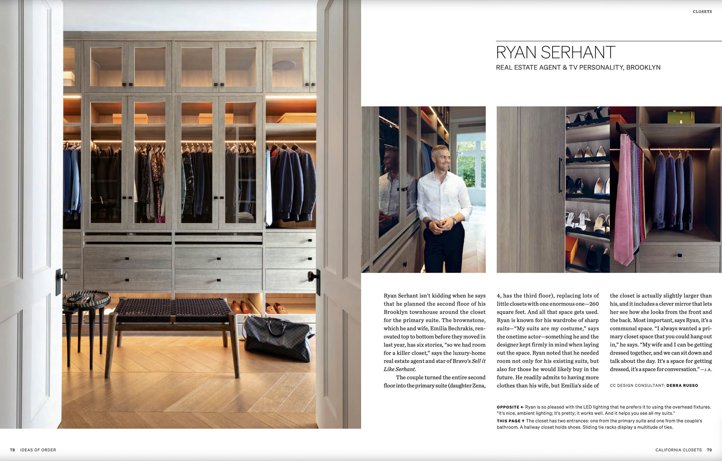 Magazine layout featuring a large walk-in closet with wooden cabinetry and glass doors. Clothing, shoes, and accessories are neatly arranged inside. A man stands in front of the closet, dressed in a white shirt and dark pants. The page includes text 