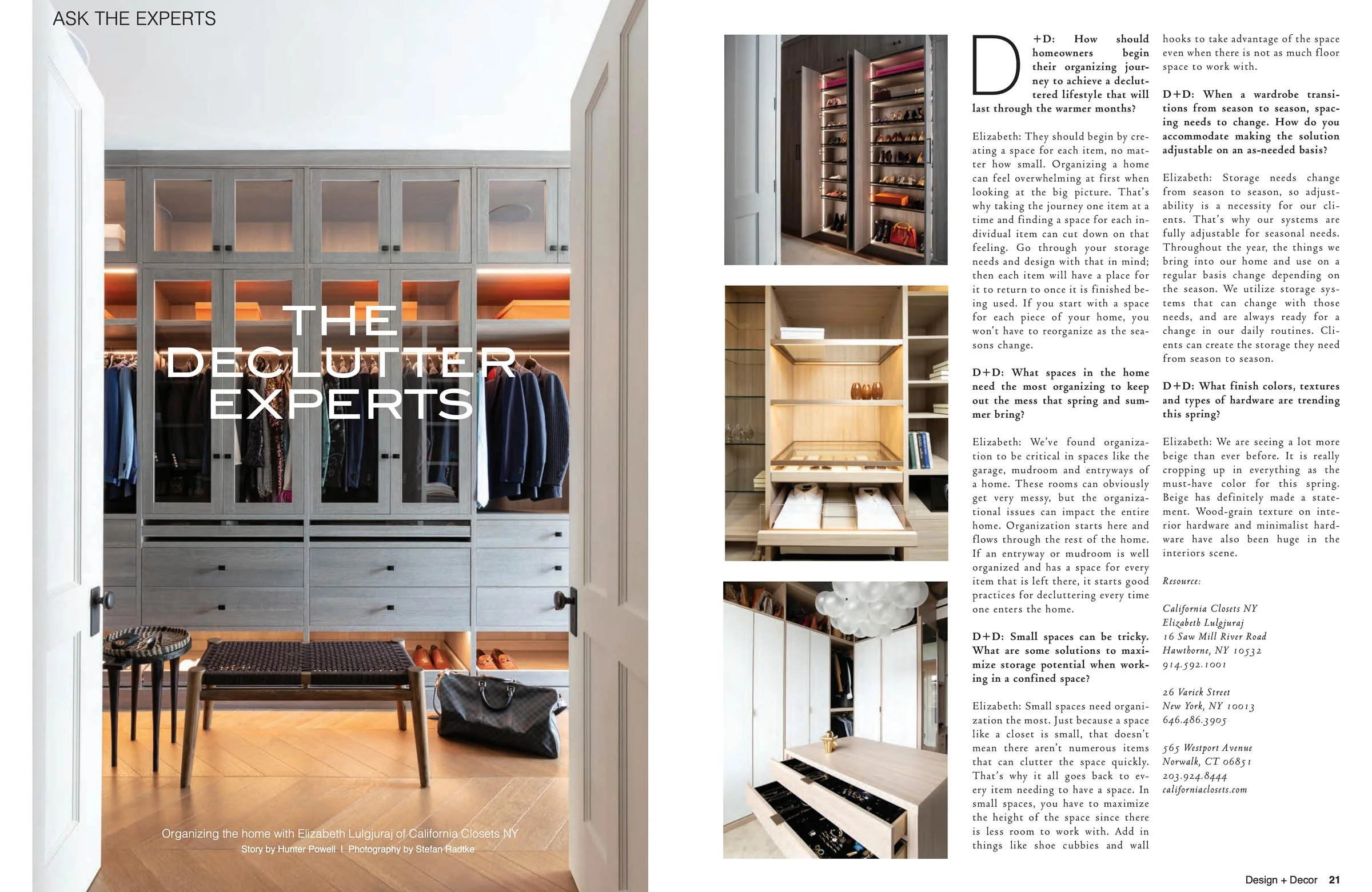 Magazine spread titled 'The Declutter Experts' featuring organized closets and shelving systems. Articles discuss efficient storage solutions and organization tips. Images show well-arranged clothing and accessories with a modern design. Emphasis on 