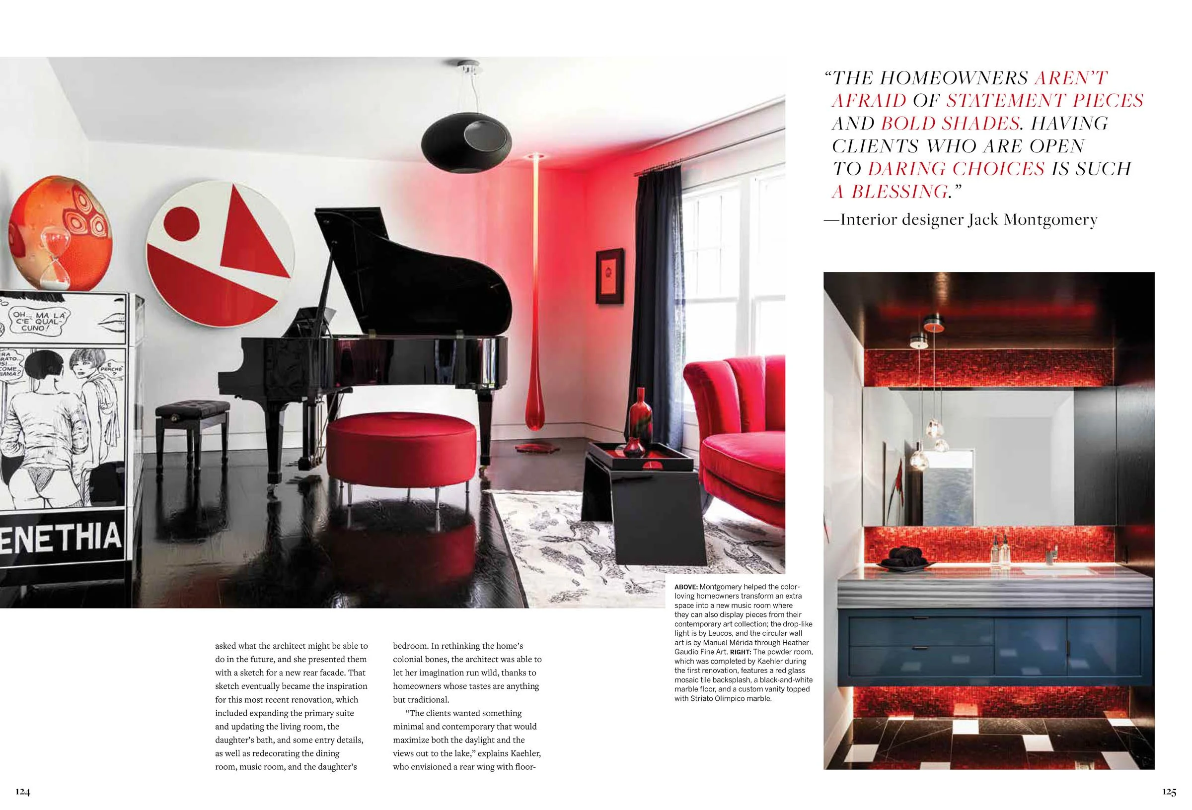 Interior design featuring a black grand piano, red and black furniture, modern art pieces, and a colorful bathroom with red lighting.