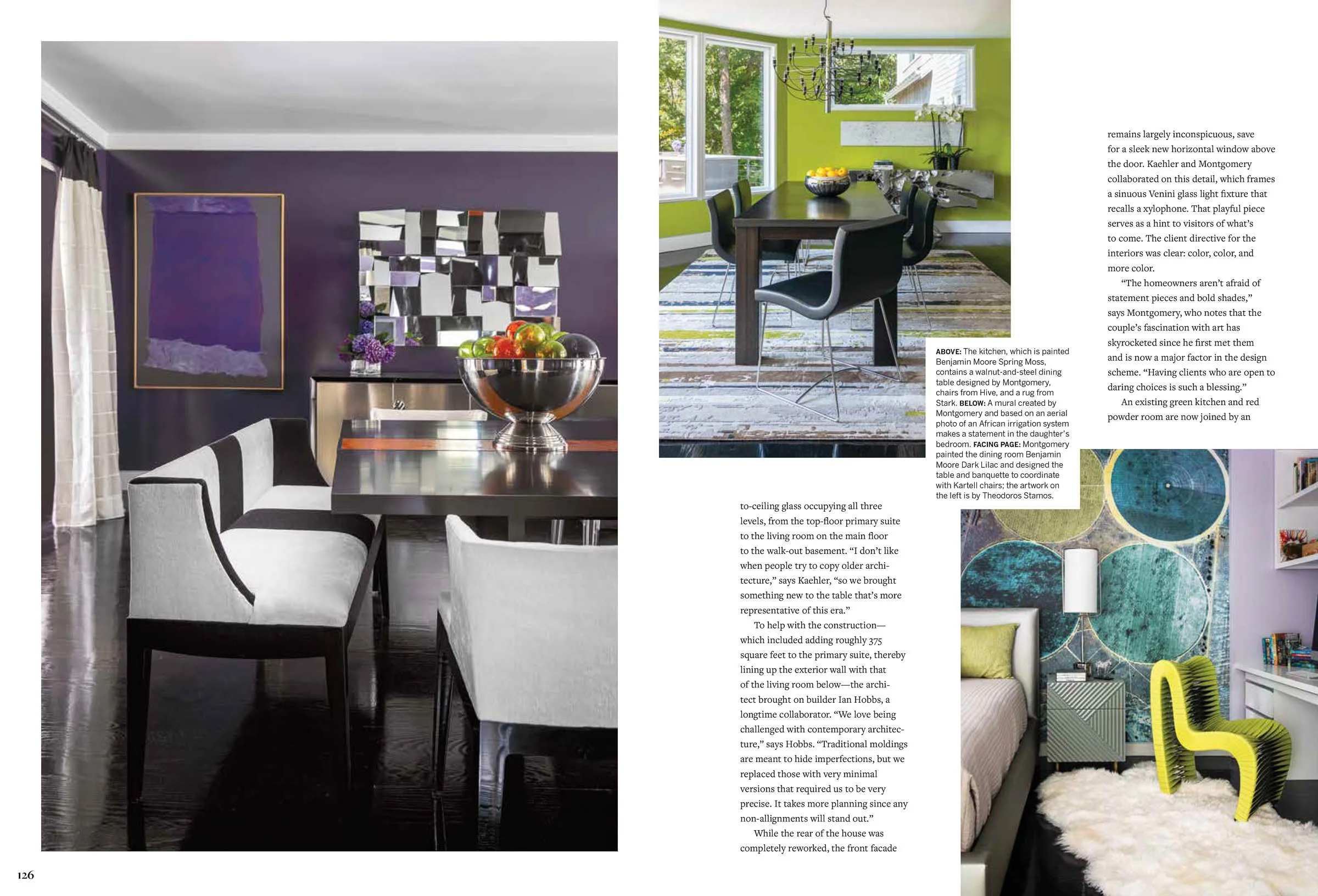 Interior design featuring two dining areas and a bedroom. The first dining room has purple walls, modern art, a table with a fruit bowl, and cushioned chairs. The second dining room has green walls, a dark table, modern chairs, and a chandelier. The 