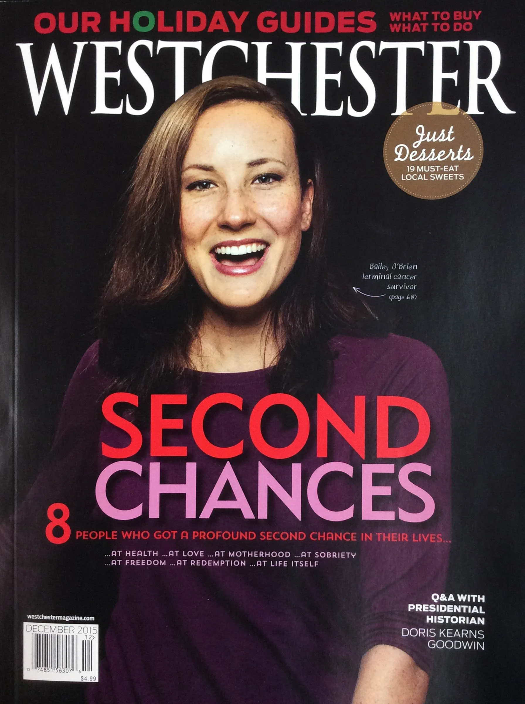 Cover of Westchester Magazine December 2015 featuring a smiling woman, with the headline "Second Chances." The cover highlights articles on holiday guides and a Q&A with a presidential historian.