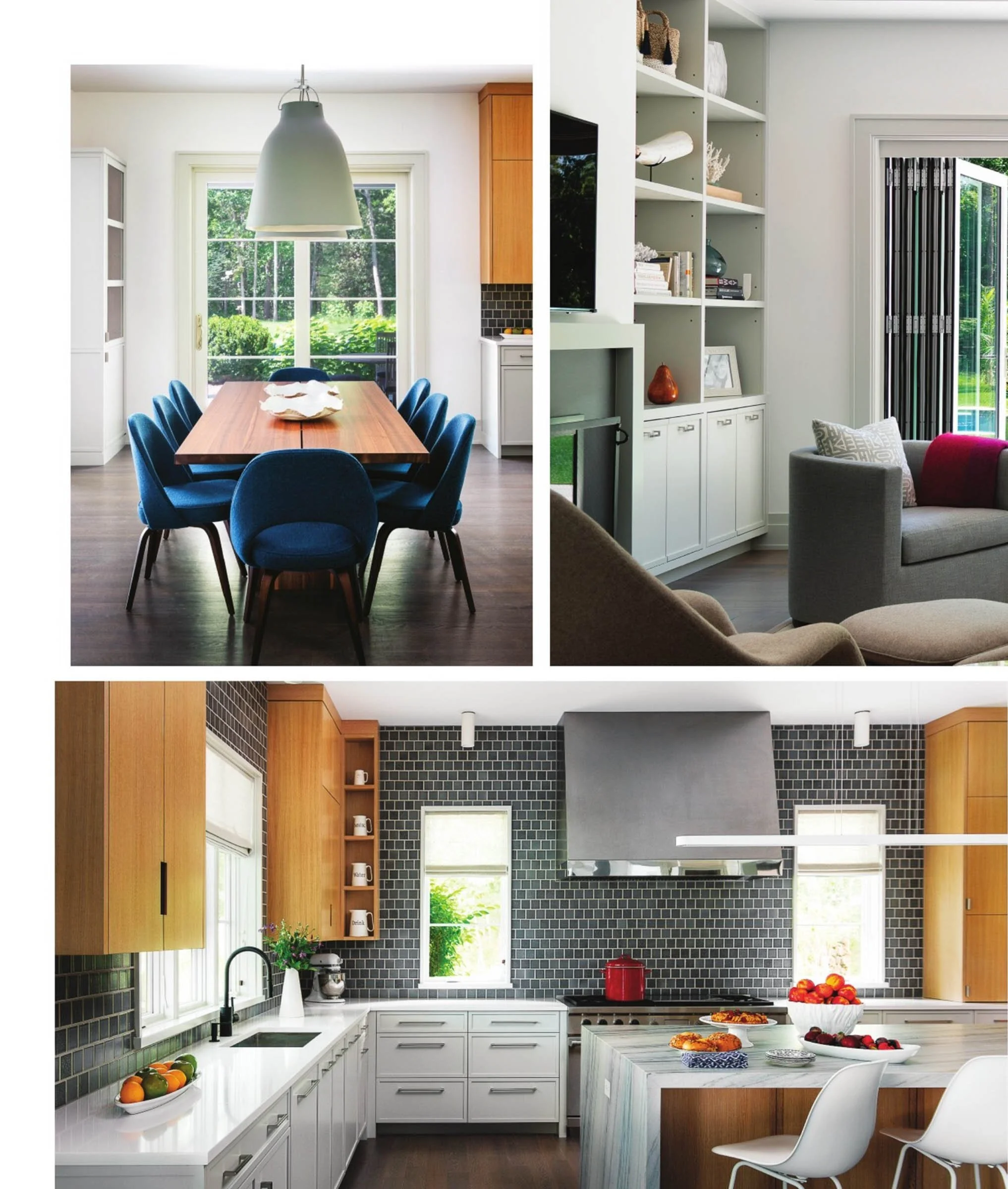 Modern home interior featuring a dining room with a wooden table and blue chairs, a living room with a gray sofa and built-in shelves, and a kitchen with wood and white cabinetry, black tile backsplash, and white countertops.