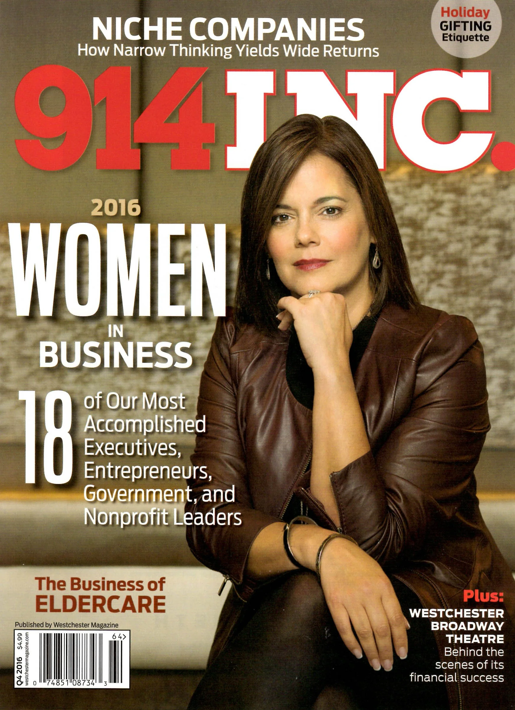 Magazine cover of 914INC. featuring a woman in a brown leather jacket, highlighting 2016 Women in Business. Text includes "18 of Our Most Accomplished Executives, Entrepreneurs, Government, and Nonprofit Leaders," "The Business of Elder Care," and "W