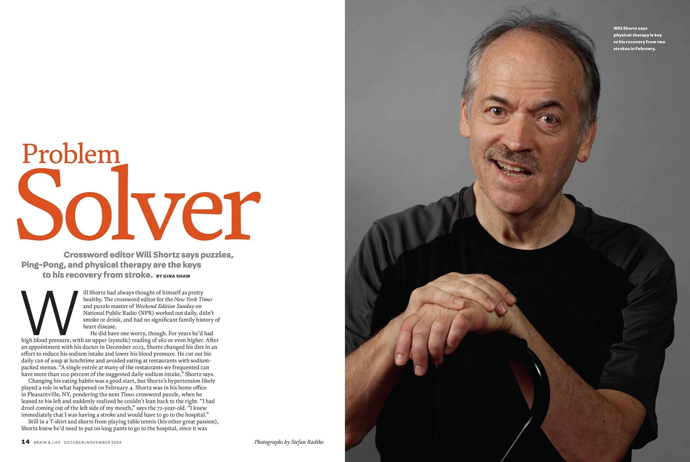 Magazine article featuring a man in a black shirt with text about crossword puzzles, physical therapy, and stroke recovery. Headline reads 'Problem Solver' with additional subheading about keys to recovery. The photograph shows the man smiling with h