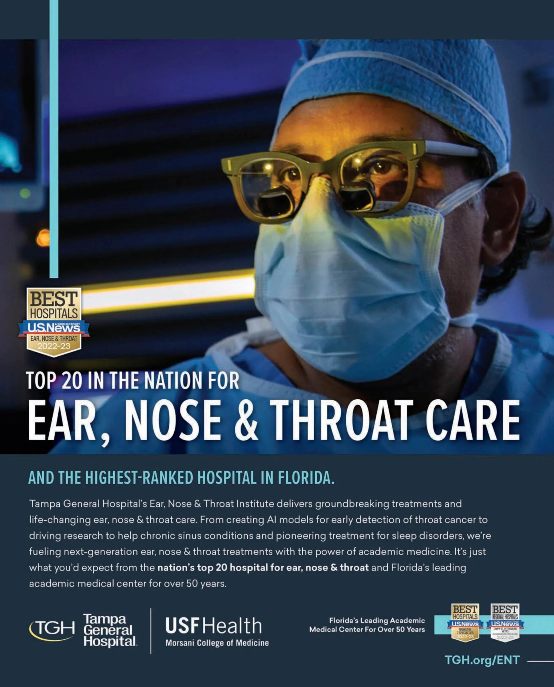 Surgeon wearing mask and magnifying glasses, promoting Tampa General Hospital's recognition for top ear, nose, and throat care by U.S. News & World Report.
