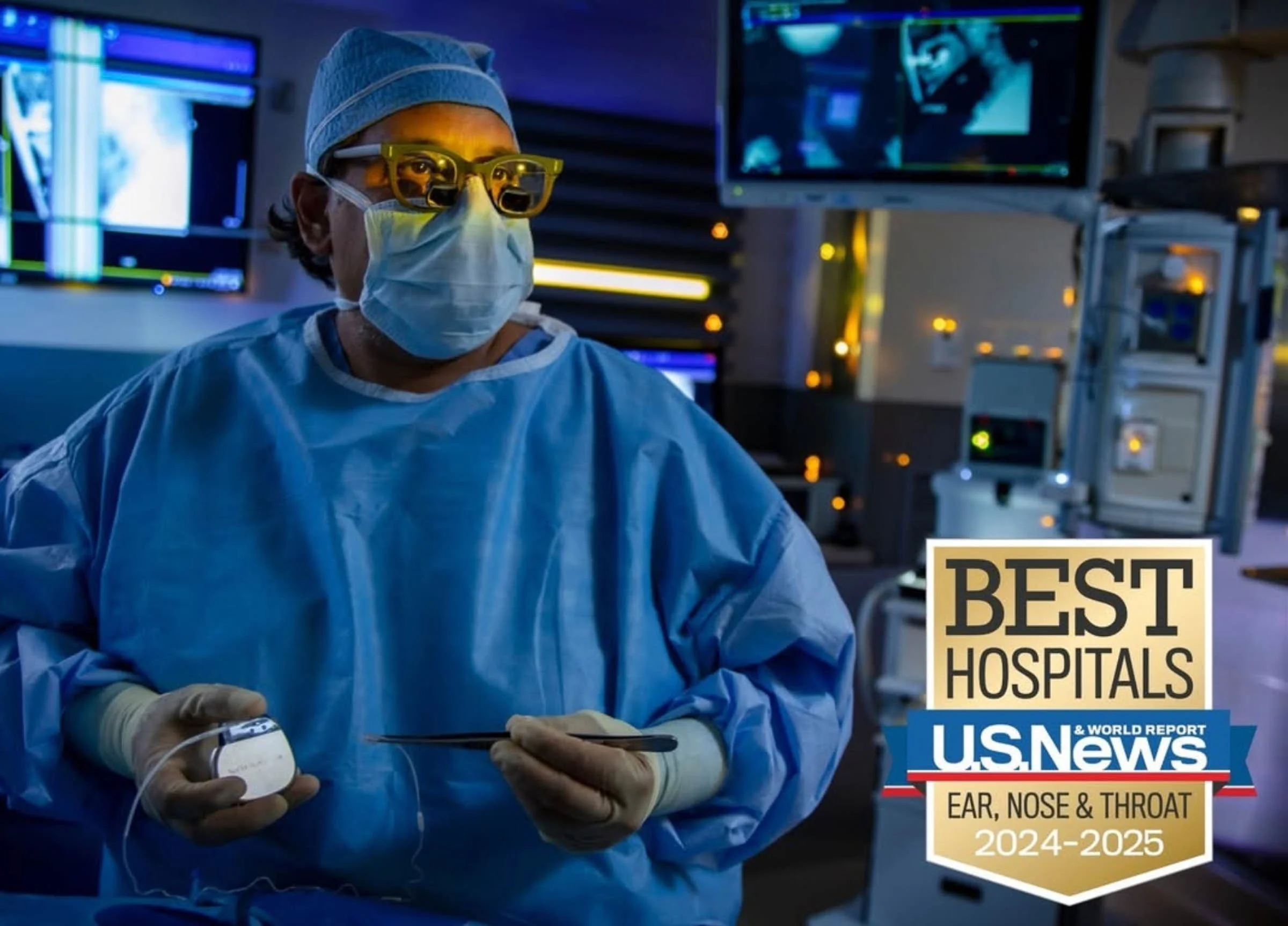 Surgeon wearing surgical attire with specialized eyewear in an operating room, holding medical tools; "Best Hospitals" badge from U.S. News for Ear, Nose & Throat 2024-2025 displayed.