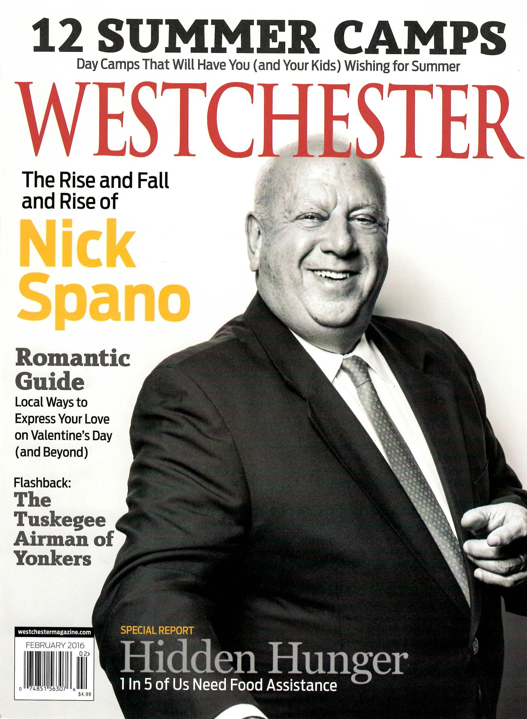Westchester Magazine cover featuring a man in a suit, highlighting articles about Nick Spano, summer camps, a romantic guide, and a special report on hidden hunger. February 2016 edition.