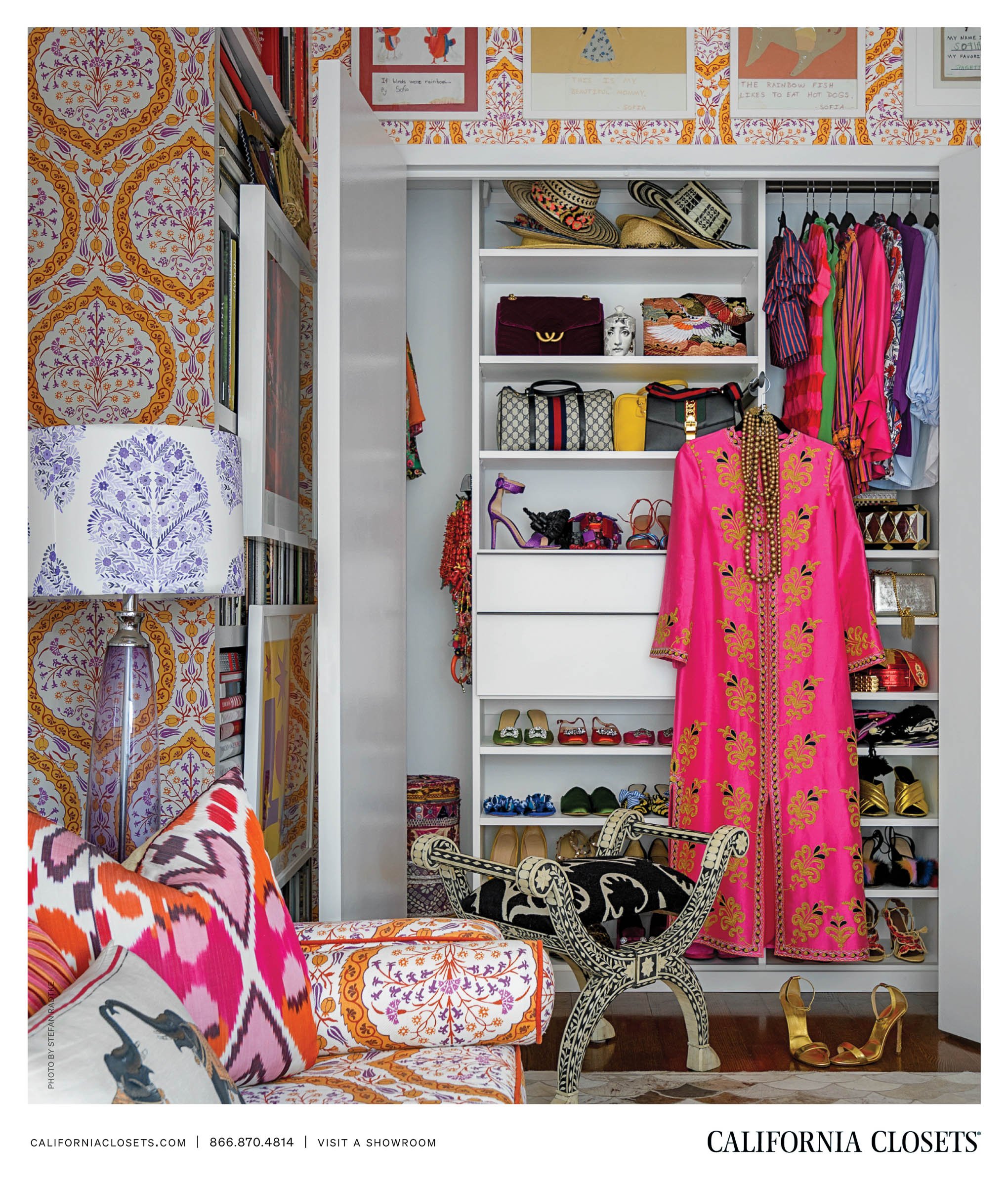 Colorful, organized closet featuring clothing, shoes, bags, and hats with vibrant decor.