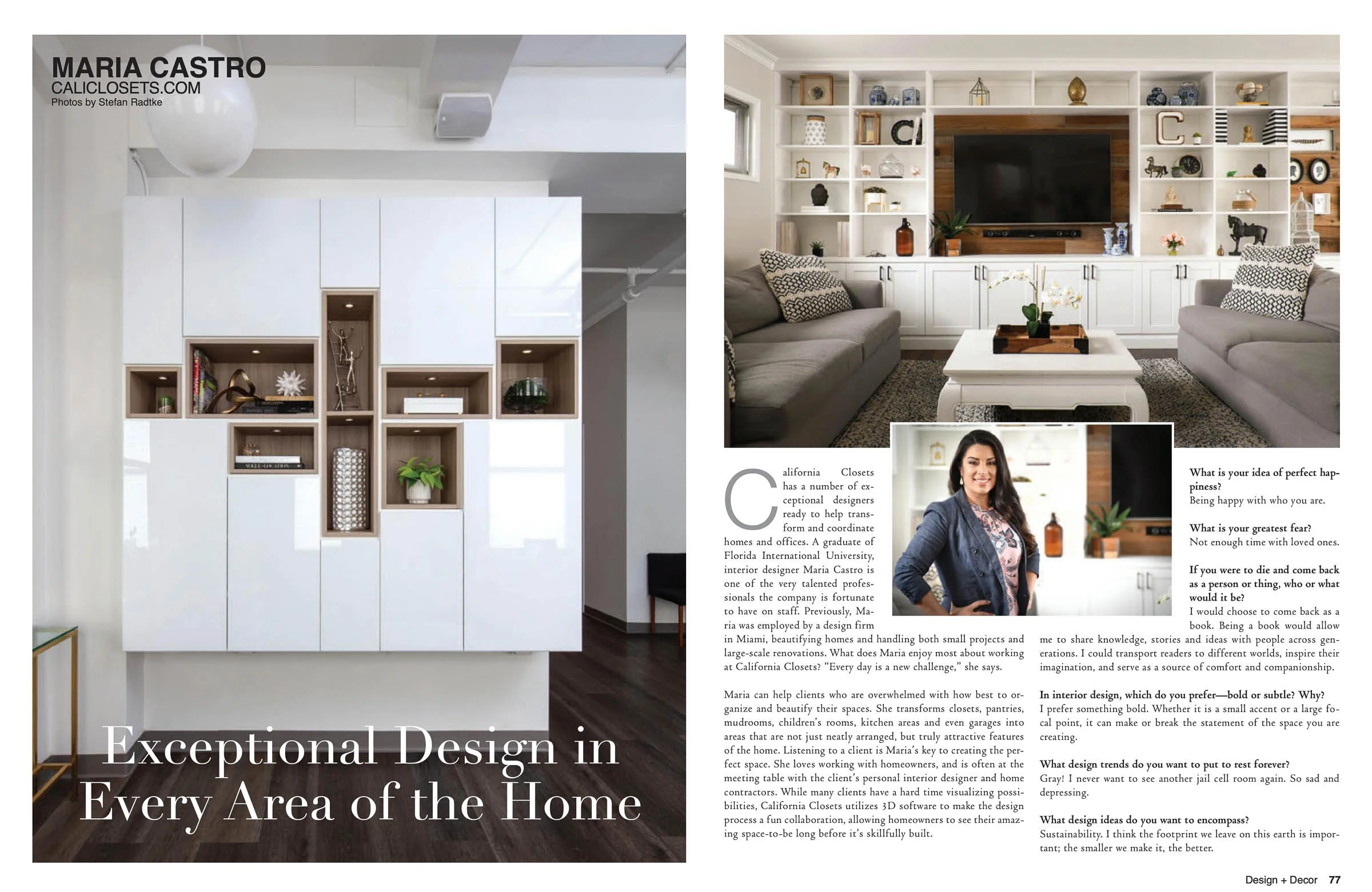 Magazine spread featuring Maria Castro and her interior design work. Includes images of modern cabinetry and a stylish living room, with text discussing her design philosophy and profile.