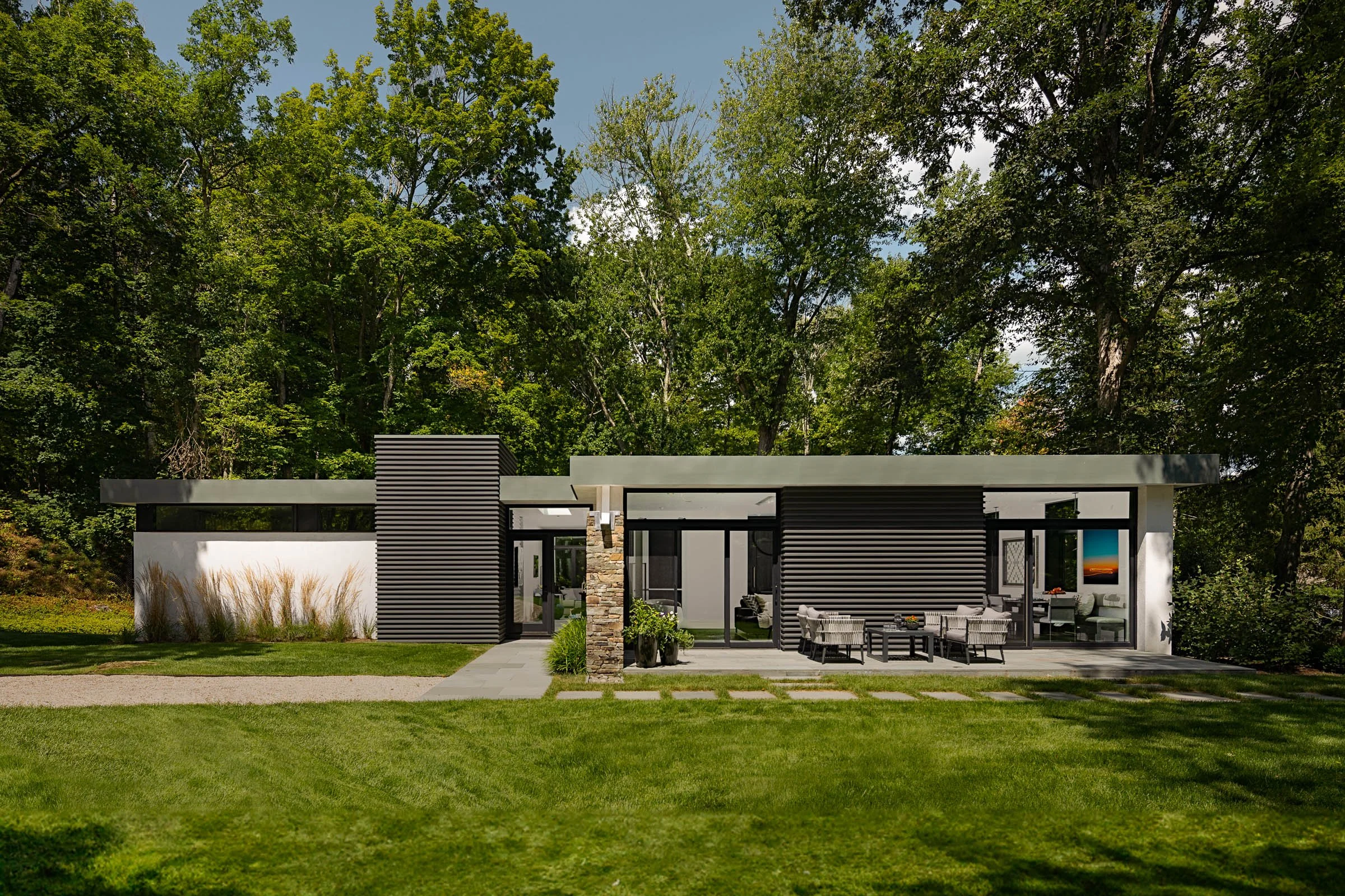 Exterior View of Modern Guesthouse in Bedford, NY
