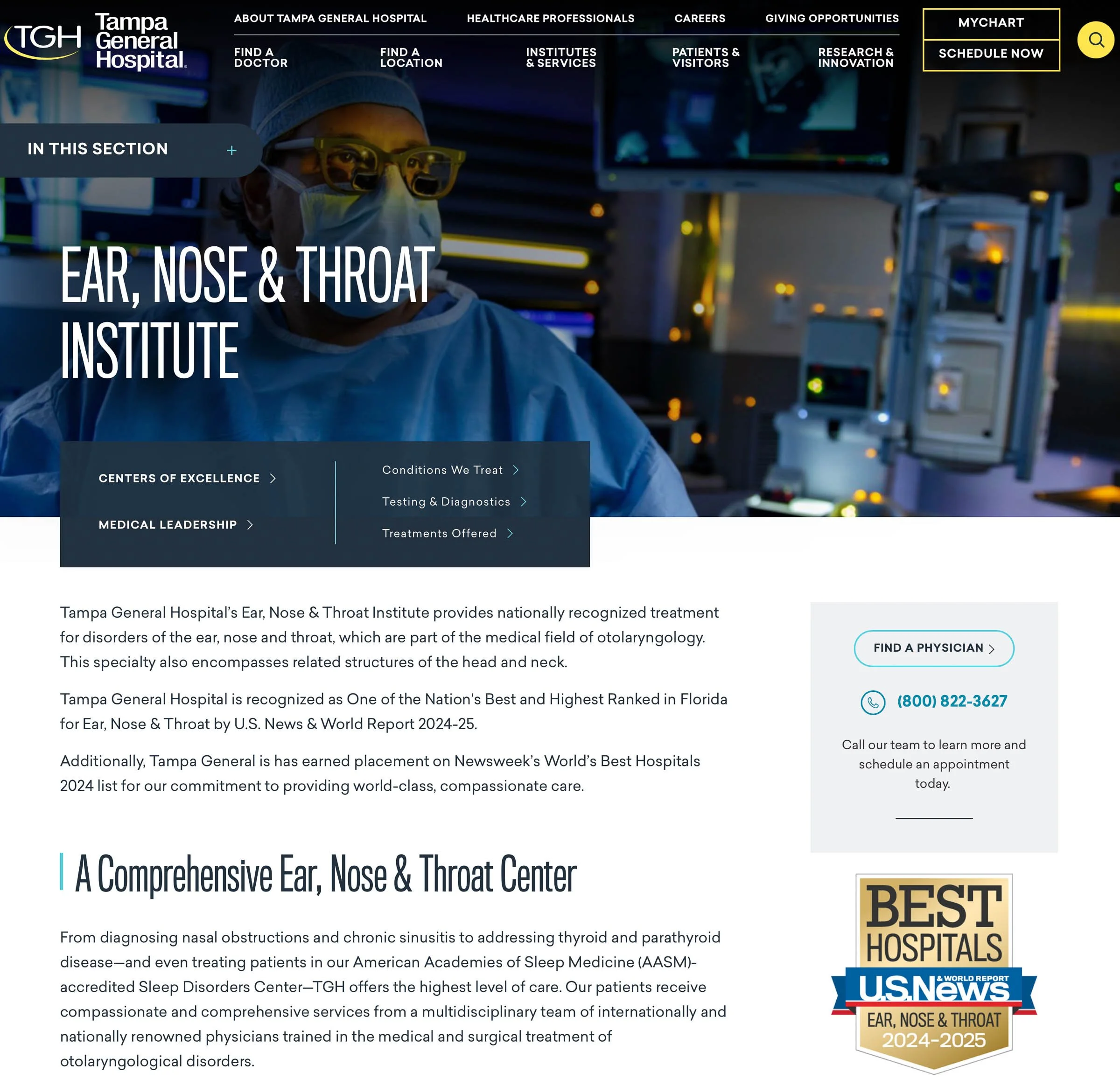 Web page for Tampa General Hospital's Ear, Nose & Throat Institute showcasing medical services, contact information, and awards.