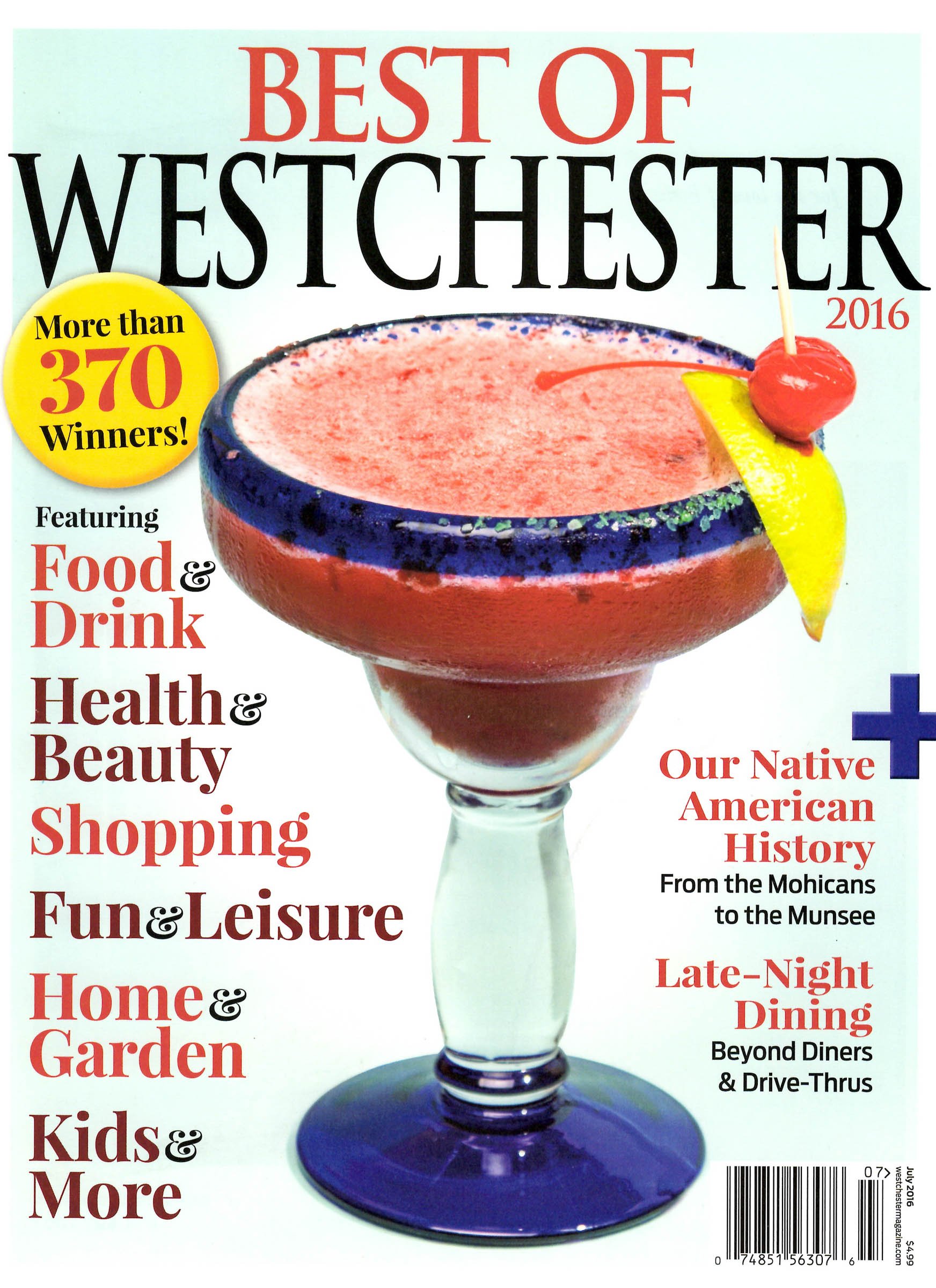 Magazine cover titled 'Best of Westchester 2016' featuring a large margarita cocktail garnished with a cherry and a lemon slice. The cover highlights sections on food and drink, health and beauty, shopping, fun and leisure, home and garden, as well a