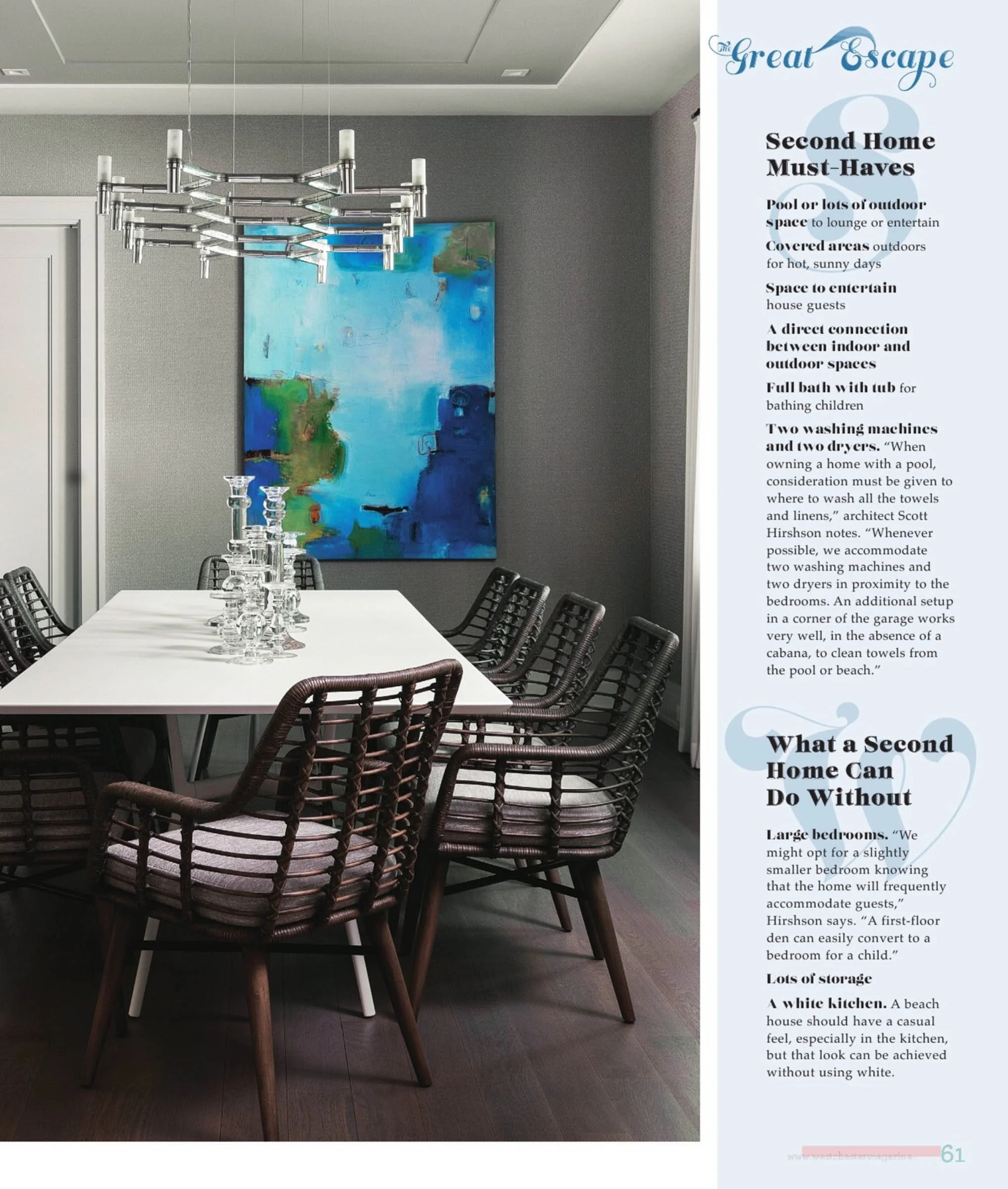 A modern dining room with a white table and wicker chairs. A contemporary chandelier hangs above the table. A vibrant abstract blue and green painting is on the wall. The text on the right discusses second home essentials and features to avoid, like 