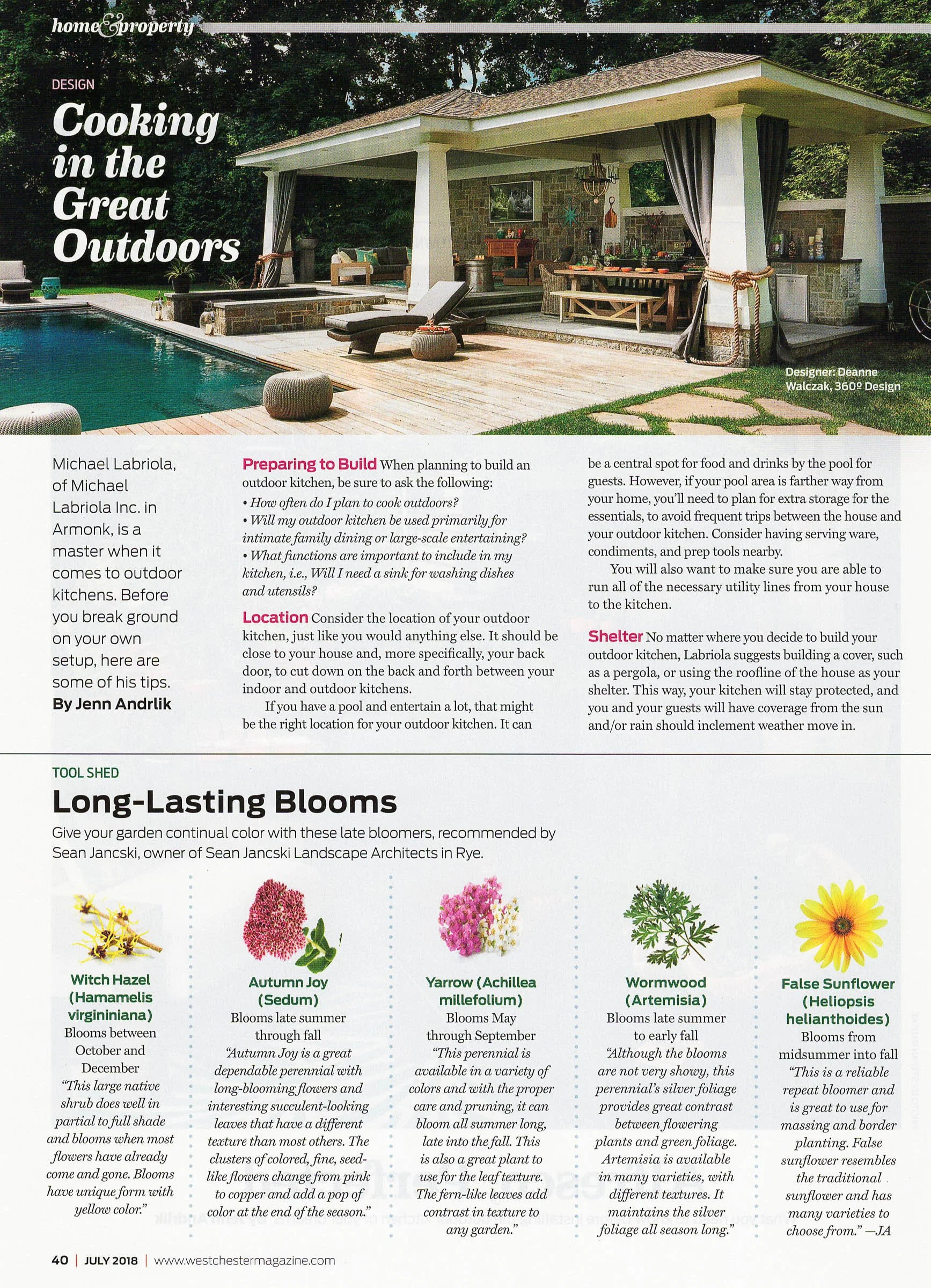 Magazine page featuring an article titled 'Cooking in the Great Outdoors' with tips for building outdoor kitchens, accompanied by a photo of a stylish outdoor kitchen and pool area. Includes advice sections on planning and location considerations, an
