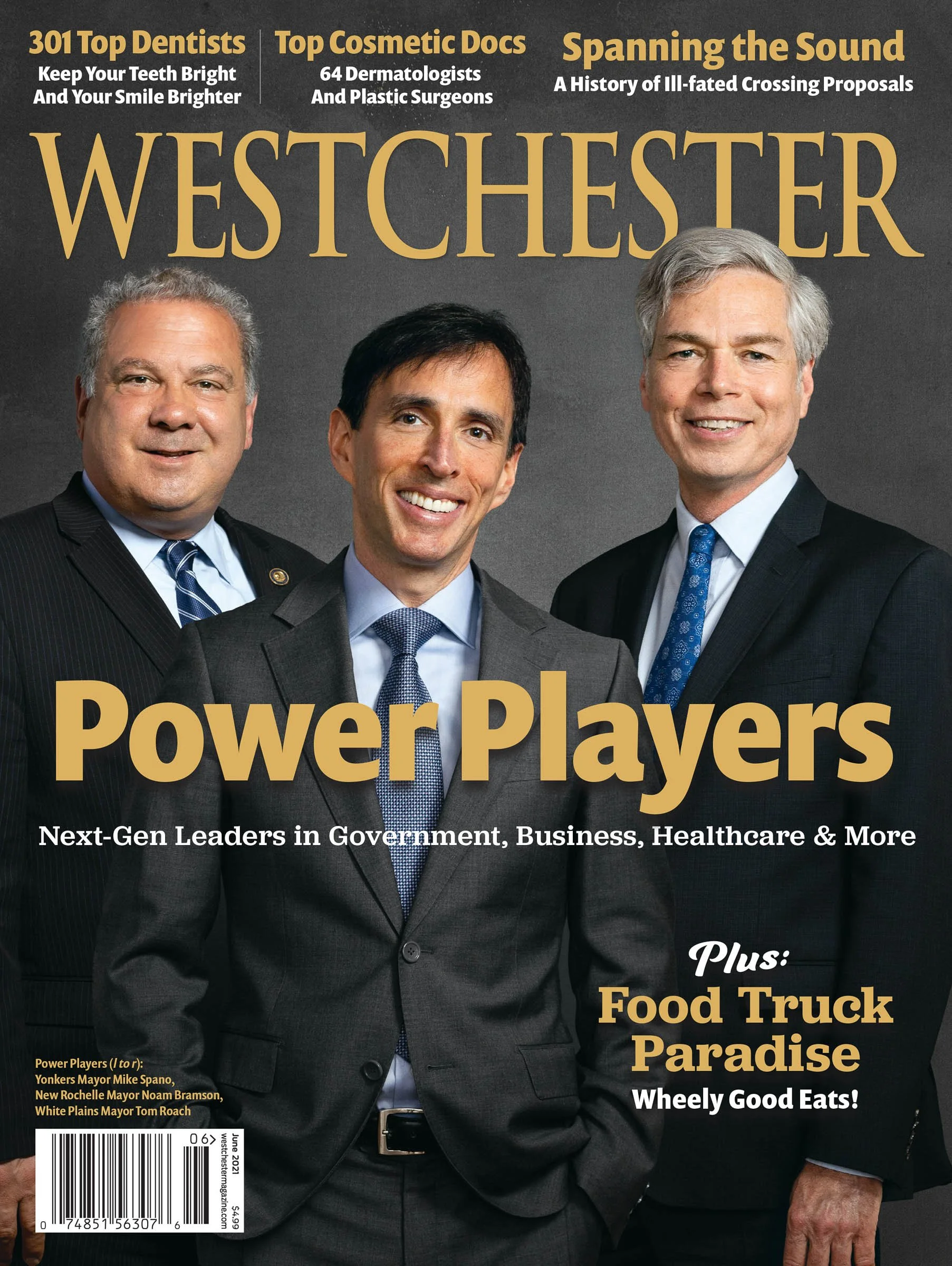 Magazine cover for Westchester featuring three men in suits labeled 'Power Players: Next-Gen Leaders in Government, Business, Healthcare & More.' Additional text highlights 'Top Dentists,' 'Top Cosmetic Docs,' and 'Food Truck Paradise.'