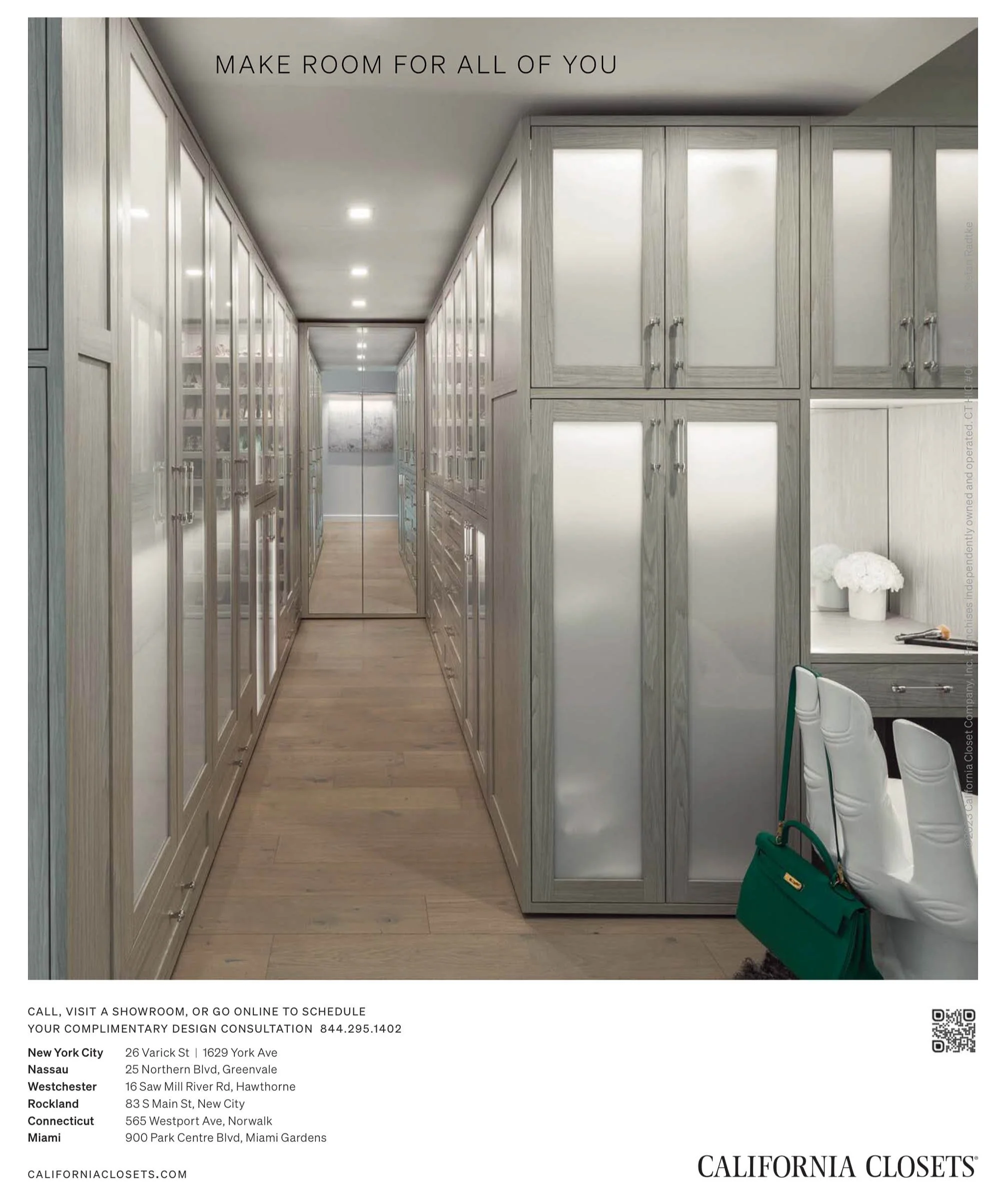Luxury custom walk-in closet with frosted glass cabinets, seating, and a green handbag on a white chair. Text promotes California Closets and lists showroom locations.