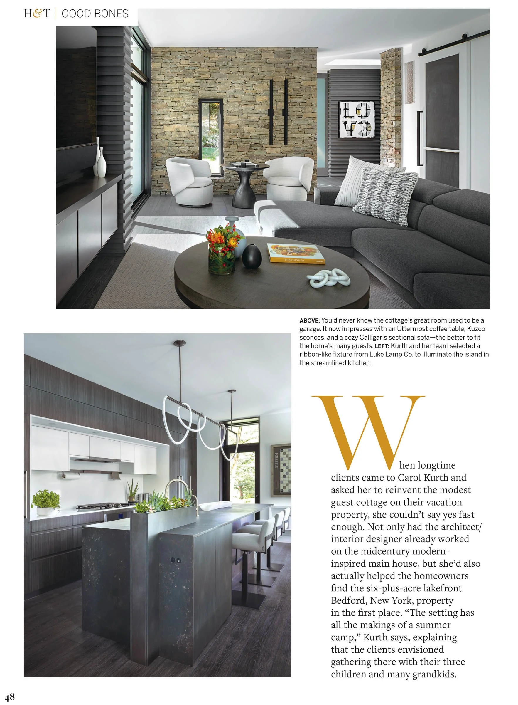 Modern living room and kitchen with stylish furniture and decor, featuring a sectional sofa, round coffee table, white armchairs, stone accent wall, pendant lights, and sleek cabinetry.