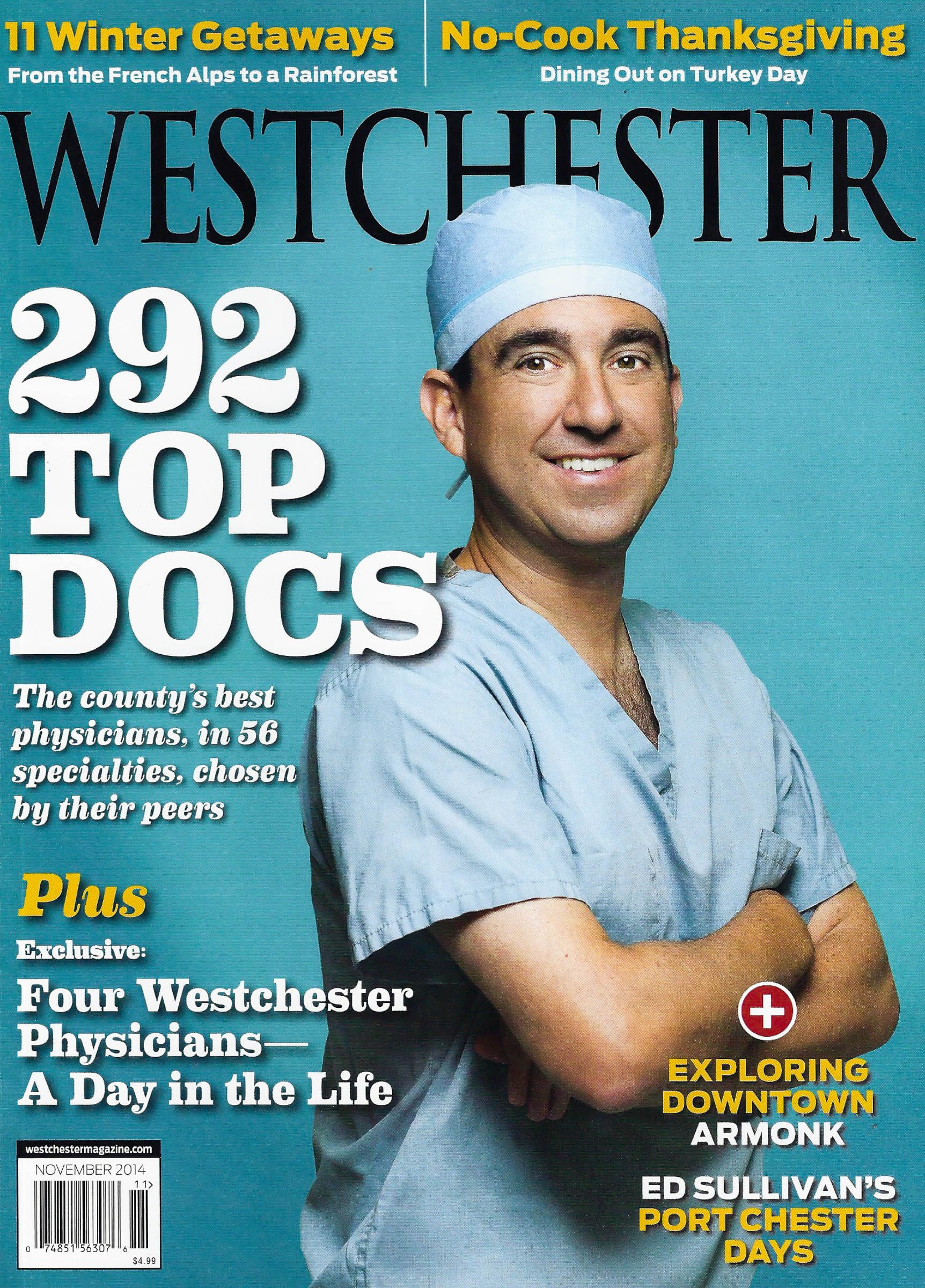 Cover of Westchester magazine featuring a doctor in scrubs, highlighting '292 Top Docs' and other articles on winter getaways and Thanksgiving dining.
