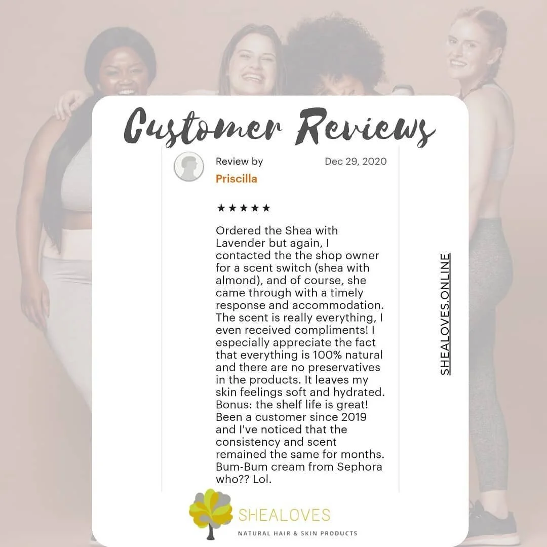 Here is a customer review of our whipped butters! 

#shealoves #whippedsheabutter #whippedmangobutter #hairoil #lavender #blackownedbusinesses #etsy #naturalhair #natural #naturalingredients #healthyhair #beautifulhair #hairgoals #womeninbiz #femalep