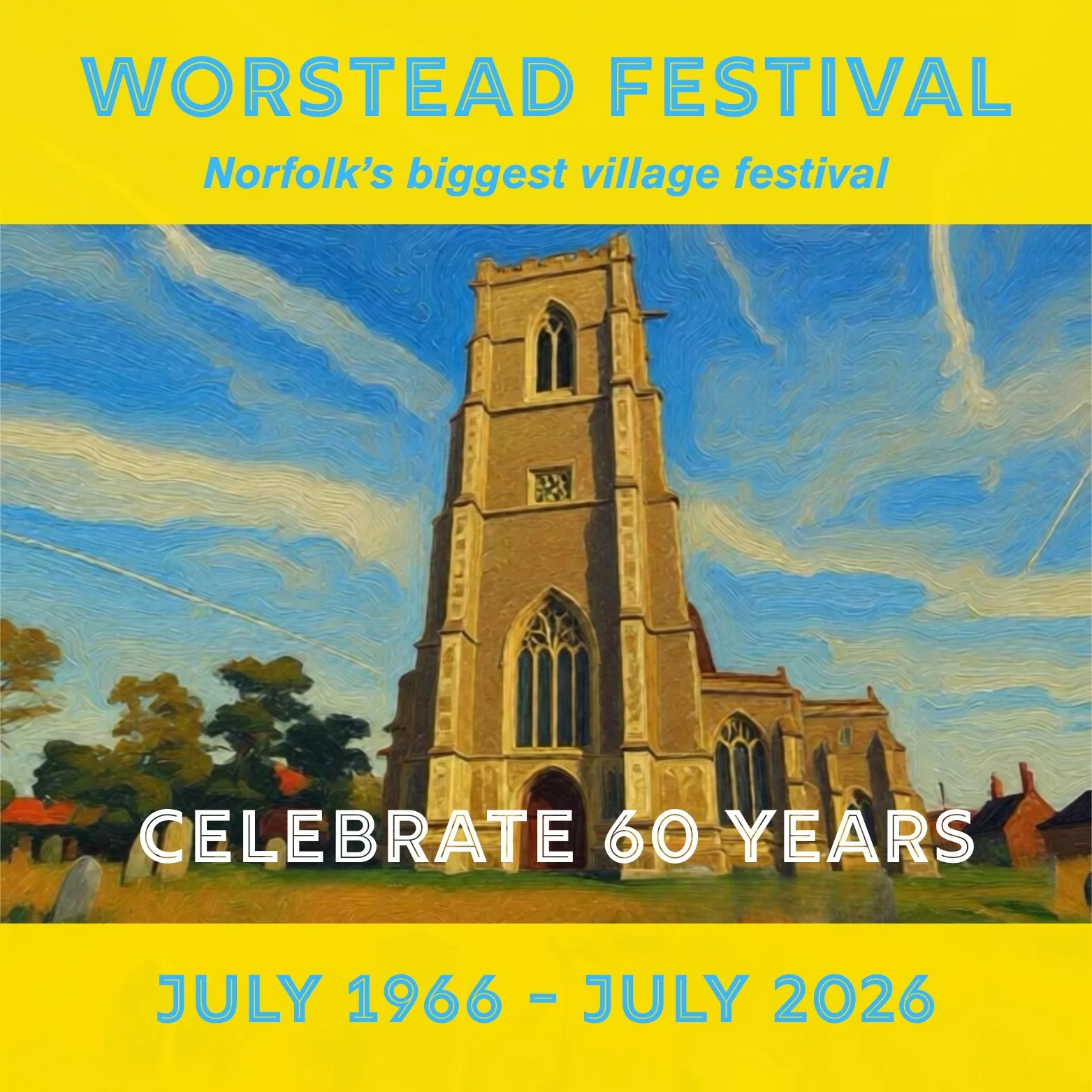 Worstead church Ai painting, with text around it celebrating 60 years
