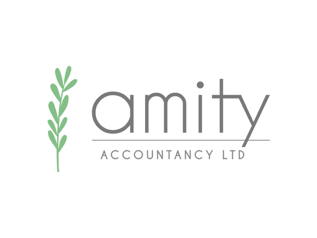 Amity Accountancy in grey writing, and a leaf next to it