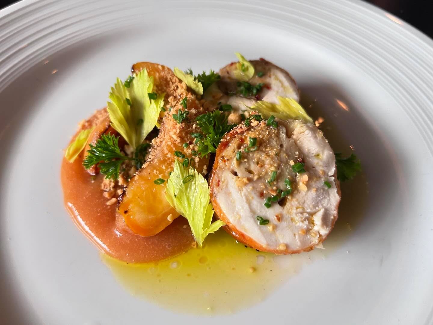 Chicken Involtini with chicken sausage, native peaches, peach gastrique, toasted hazelnut #corfinioeaston #eastonmassachusetts