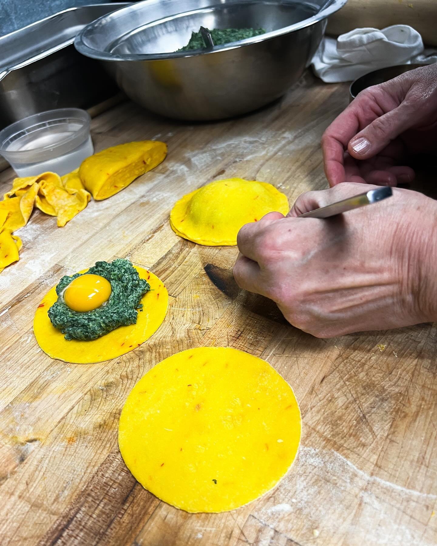 Our lovely Lucia was hard at work making these special Egg Raviolone today.