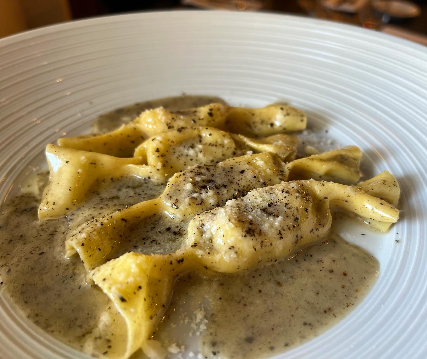 Potato Caramelle, truffle cheese sauce #corfinioeaston #caramelle #pasta