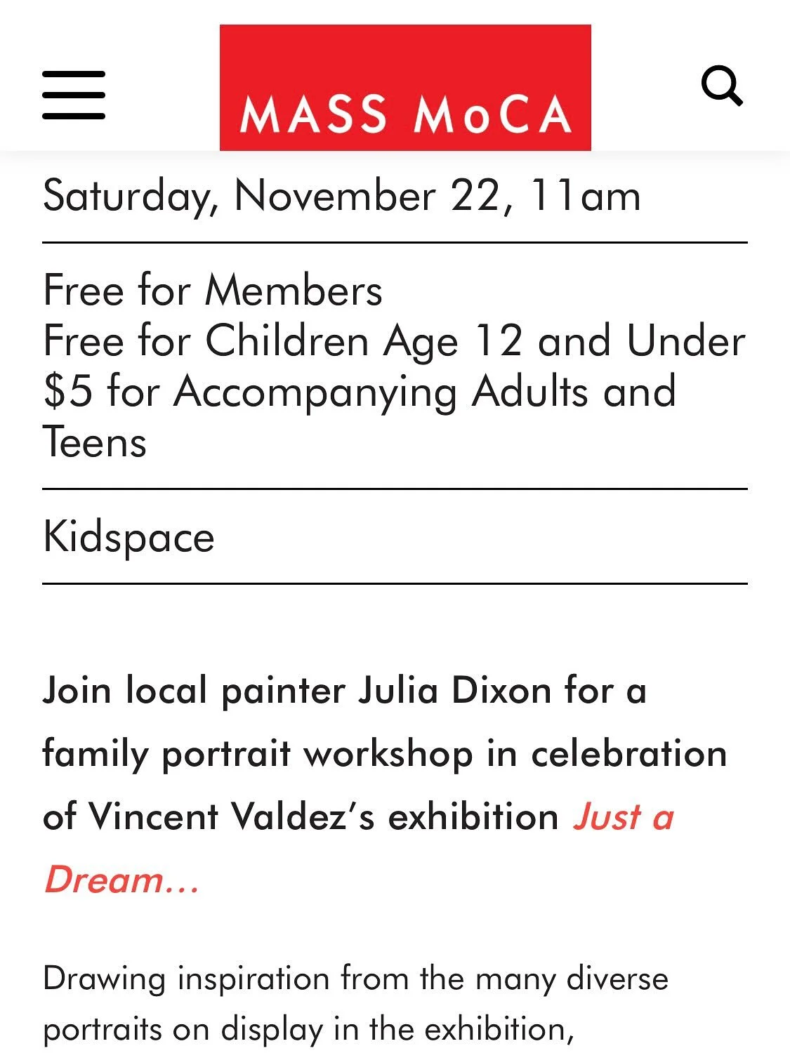 Hello Berkshire friends! I&rsquo;m leading a family portrait workshop at @massmoca on Saturday, November 22 and would love to see you there 😁 Inspired by the @vincentvaldez77 exhibition &lsquo;Just a Dream&hellip;&rsquo;, participants will learn dif