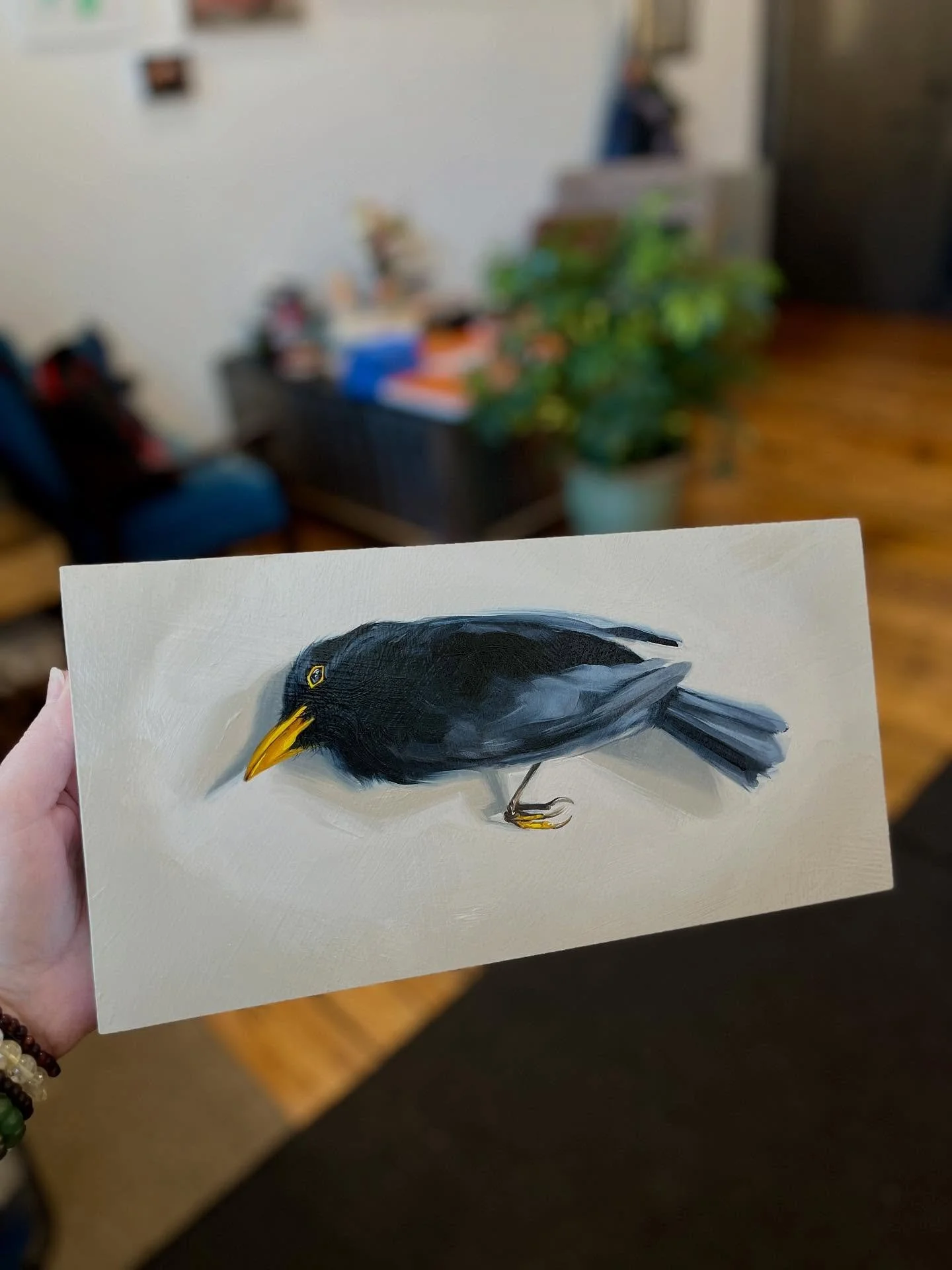 Varnished my little Eurasian Blackbird (thanks @ericreinemann 👋🏻) and getting him ready for a big group show @thespencertownacademy opening Saturday, September 27. Visit the arts center before October 26 if you&rsquo;d like to purchase it.

#mement