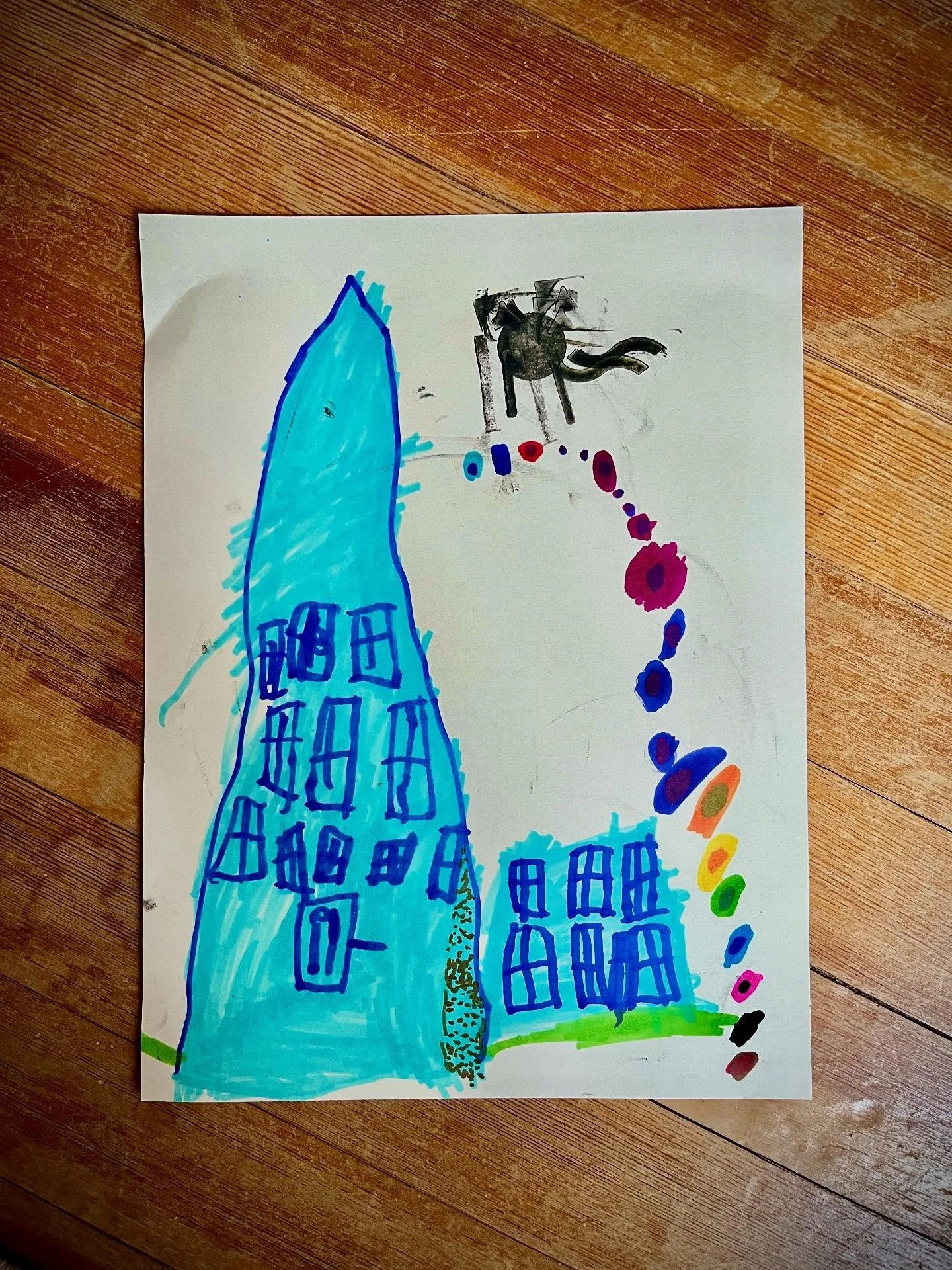 Our house with the garage and Zeus chasing a mouse by Ryan Elizabeth Dunne (4 years 2 months), 14&rdquo; x 11&rdquo;, marker and ink on paper, 2025

#toddlerart #markerdrawing #drawing #artist #emergingartist @crayola