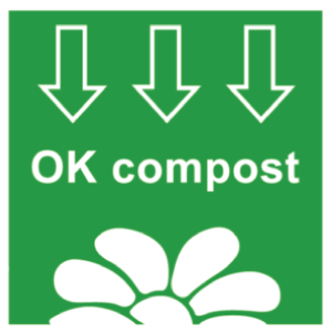 "OK compost" certification logo with three downward arrows and a flower in white on a green background.