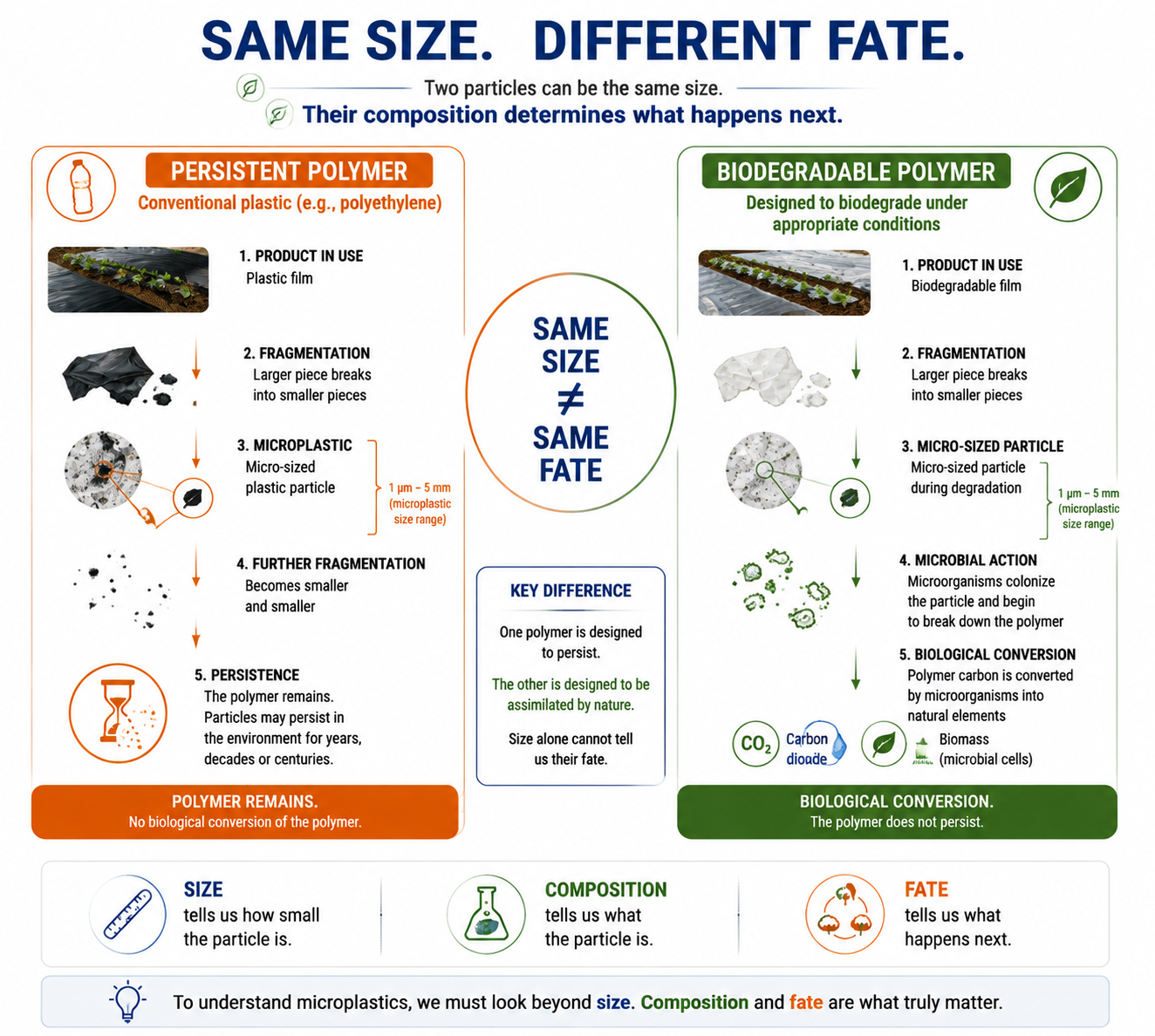 Same Size, Different Fate. Comparison between a persistent polyethylene polymer and a biodegradable polymer showing why particle size alone does not determine environmental fate.