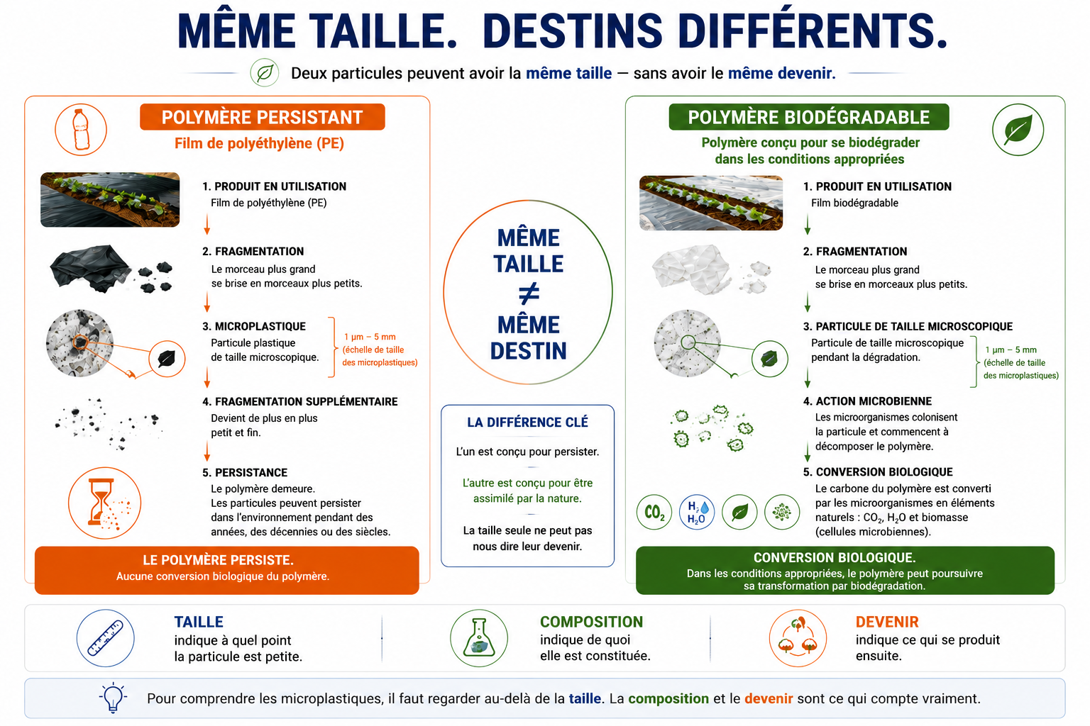 Même taille, destins différents. Comparaison entre un polymère de polyéthylène persistant et un polymère biodégradable montrant pourquoi la taille d’une particule ne suffit pas à déterminer son devenir environnemental.