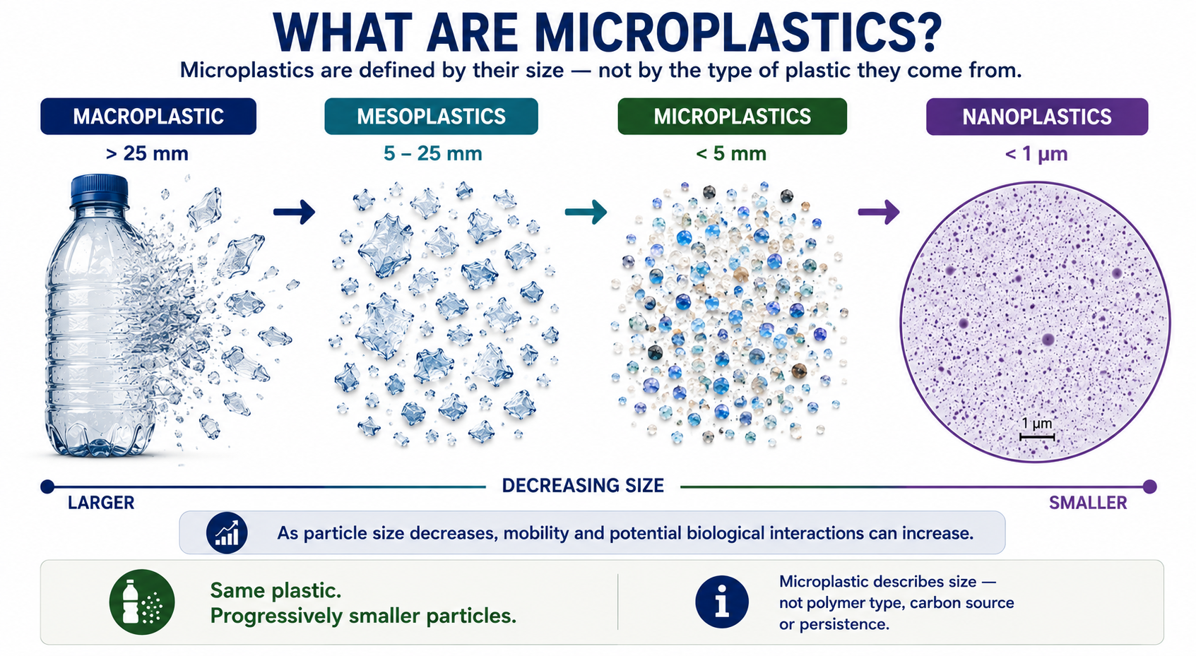 What are microplastics? Plastic particles classified by decreasing size from macroplastics to nanoplastics.