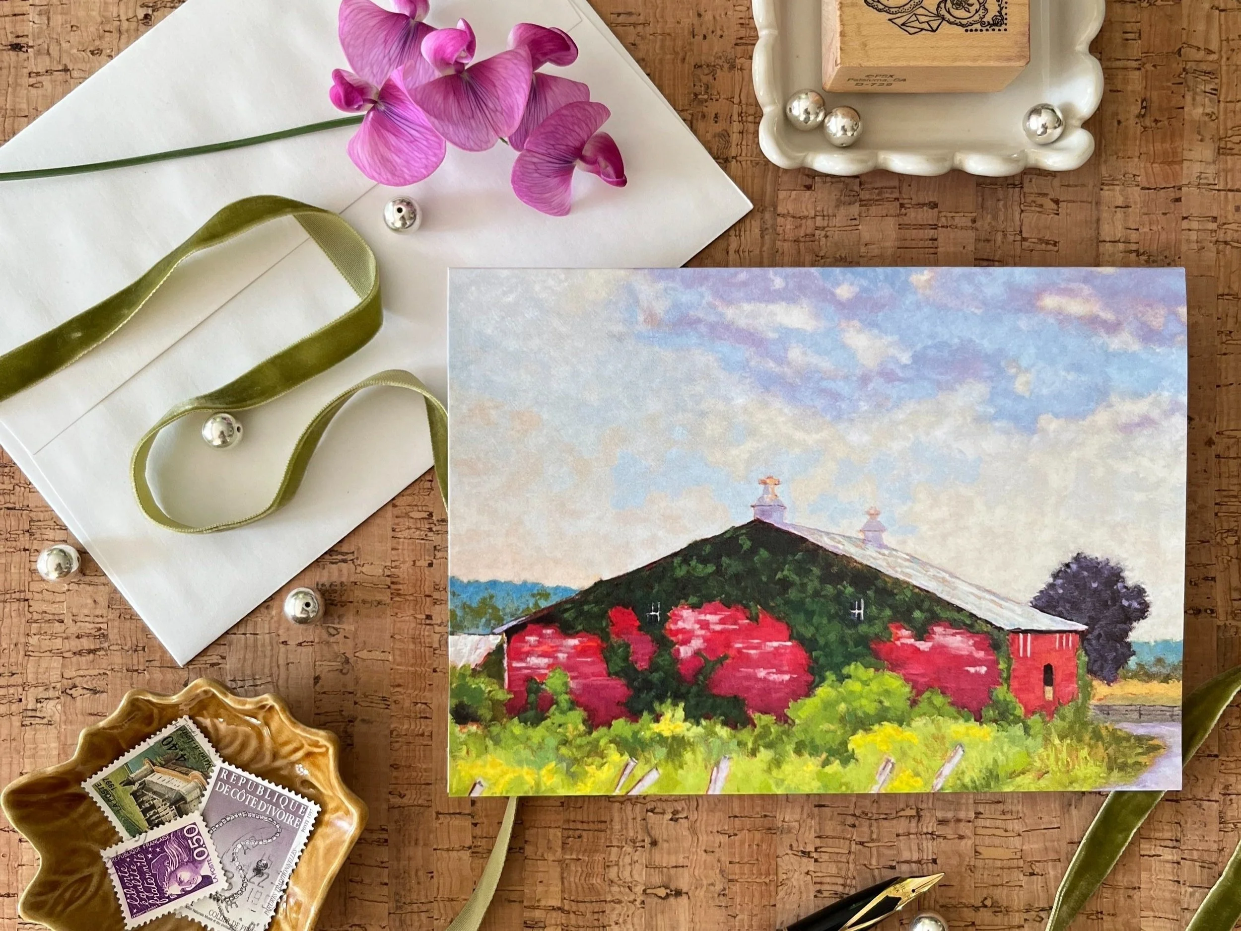 Blank notecard featuring a reproduction of an original oil painting by Nadie VanZandt,featuring a red barn covered in ivy.