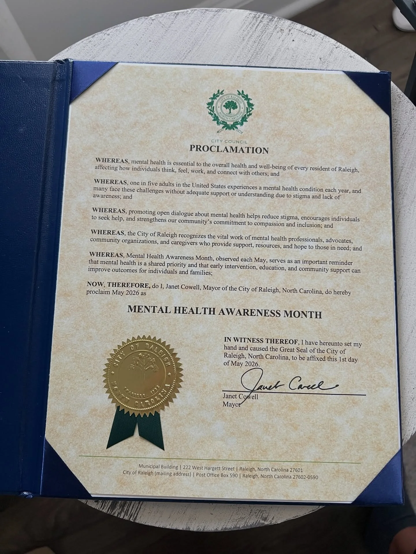 We will continue to advocate for mental health awareness and the importance of mental health! Thank you City of Raleigh and Mayor Janet Cowell for supporting our cause! Come out for our annual Mental Health Matters Fair next Saturday, May 9th from 1-