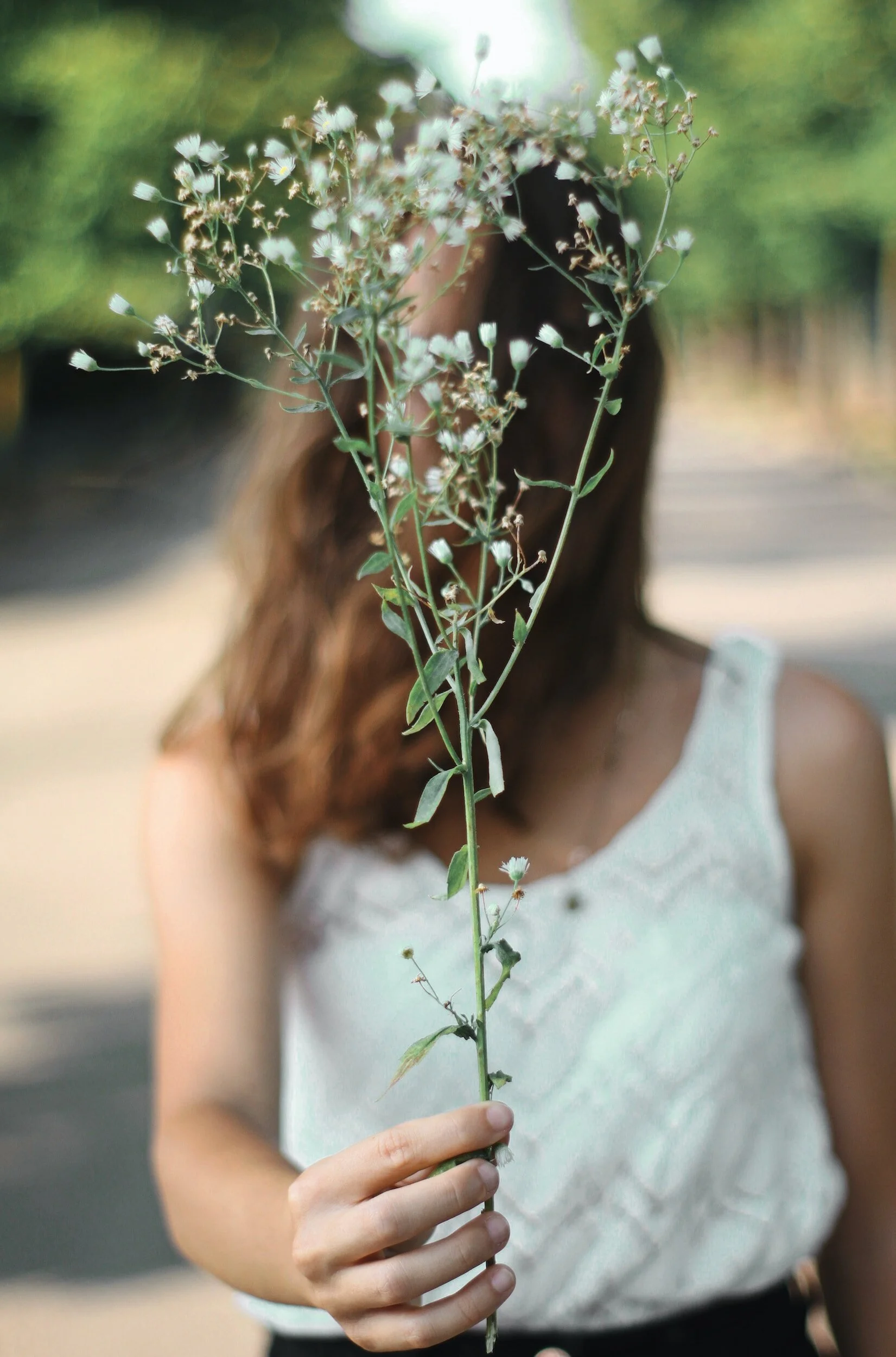 Person holding a tall green plant with small white flowers in front of their face, outdoors.