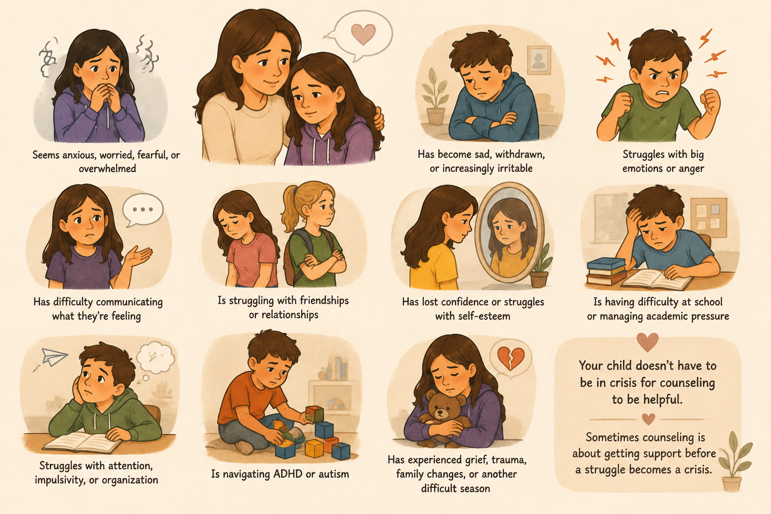 Illustration depicting various emotional and mental health struggles in children and adolescents. Features include a girl anxiously worried, a girl with a loving parent, a sad boy, a boy angry, a girl confused, a girl with crossed arms, a girl reflecting in a mirror, a boy studying with difficulty, a boy with ADHD playing with blocks, and a girl hugging a teddy bear with a broken heart symbol. Accompanying text emphasizes signs of stress, anxiety, depression, self-esteem issues, academic pressure, attention problems, ADHD, autism, grief, trauma, and family changes, highlighting the importance of counseling and support.