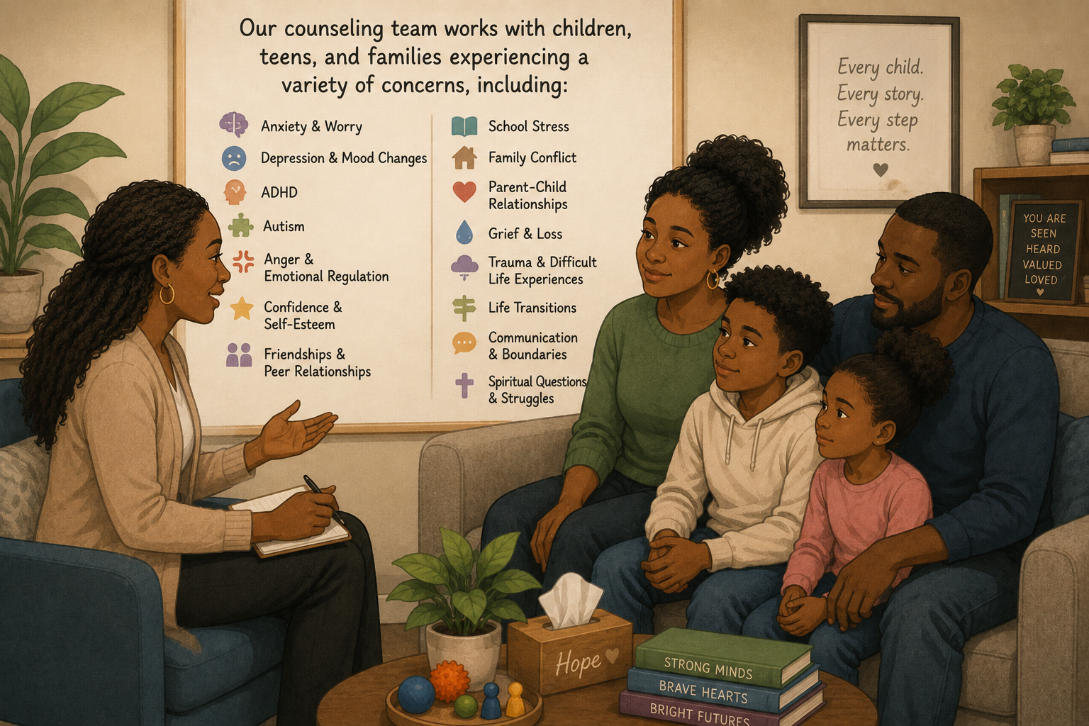 An illustration of a counseling session with a therapist speaking to a family of four. The therapist is seated on a chair with a notepad and pen, gesturing as she talks. The family, consisting of a mother, father, and two children, sit on a sofa listening attentively. The background features a whiteboard with a list of concerns and icons representing various emotional and psychological issues, and a framed quote that says, "Every child. Every story. Every step matters." There are also decorative plants, a table with books labeled "Strong Minds," "Brave Hearts," and "Bright Futures," and a tissue box labeled "Hope" on the table.