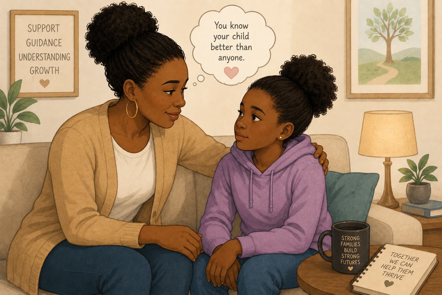 An adult woman and a young girl sit on a couch in a cozy living room. The woman has dark skin and curly hair tied up, wearing a beige cardigan and gold hoop earrings. The girl also has dark skin, curly hair in puffs, and wears a purple hoodie. The woman comfortingly holds the girl’s hand and gently places her arm around her shoulders. The girl gazes at the woman with affection. On the coffee table are a black mug with gold lettering reading 'Strong families build strong futures' and a notebook with the words 'Together we can help them thrive.' The background features framed art and a lamp, suggesting a warm, inviting atmosphere. A speech bubble from the girl says, 'You know your child better than anyone.'