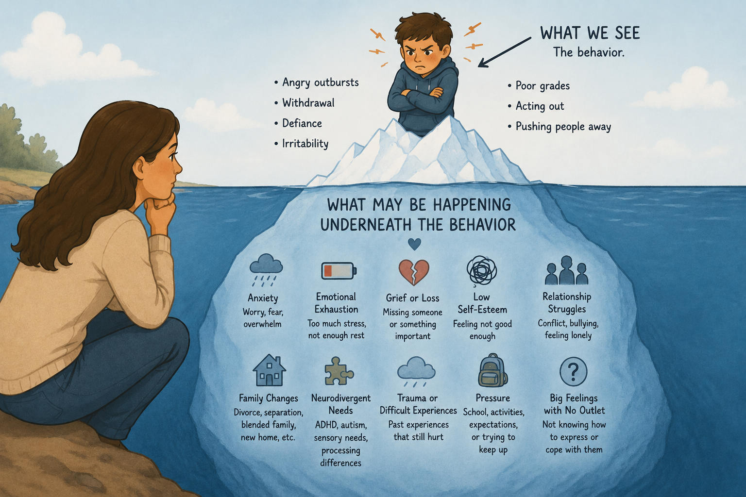 Illustration of a girl sitting on a rock and a boy on top of an iceberg depicting the iceberg theory. The girl looks thoughtful, and the iceberg shows the hidden causes of behavioral issues such as anxiety, emotional exhaustion, grief, low self-esteem, relationship struggles, family changes, neurodivergent needs, trauma, pressure, and big feelings. The iceberg above the water shows outward behaviors like angry outbursts, poor grades, acting out, and pushing people away.