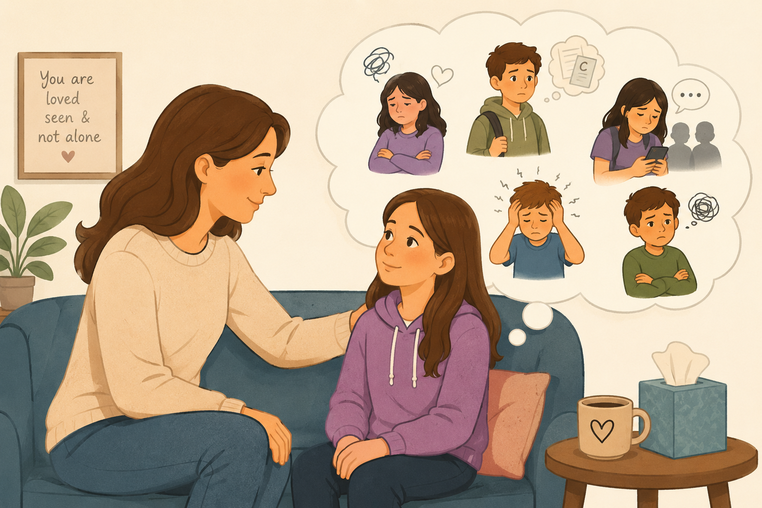A woman talking to a girl on a couch with a tissue box and mug nearby. The woman has her hand on the girl's shoulder. The girl is smiling and looking up at her. A diagram shows the girl and boy's emotional struggles and social issues.