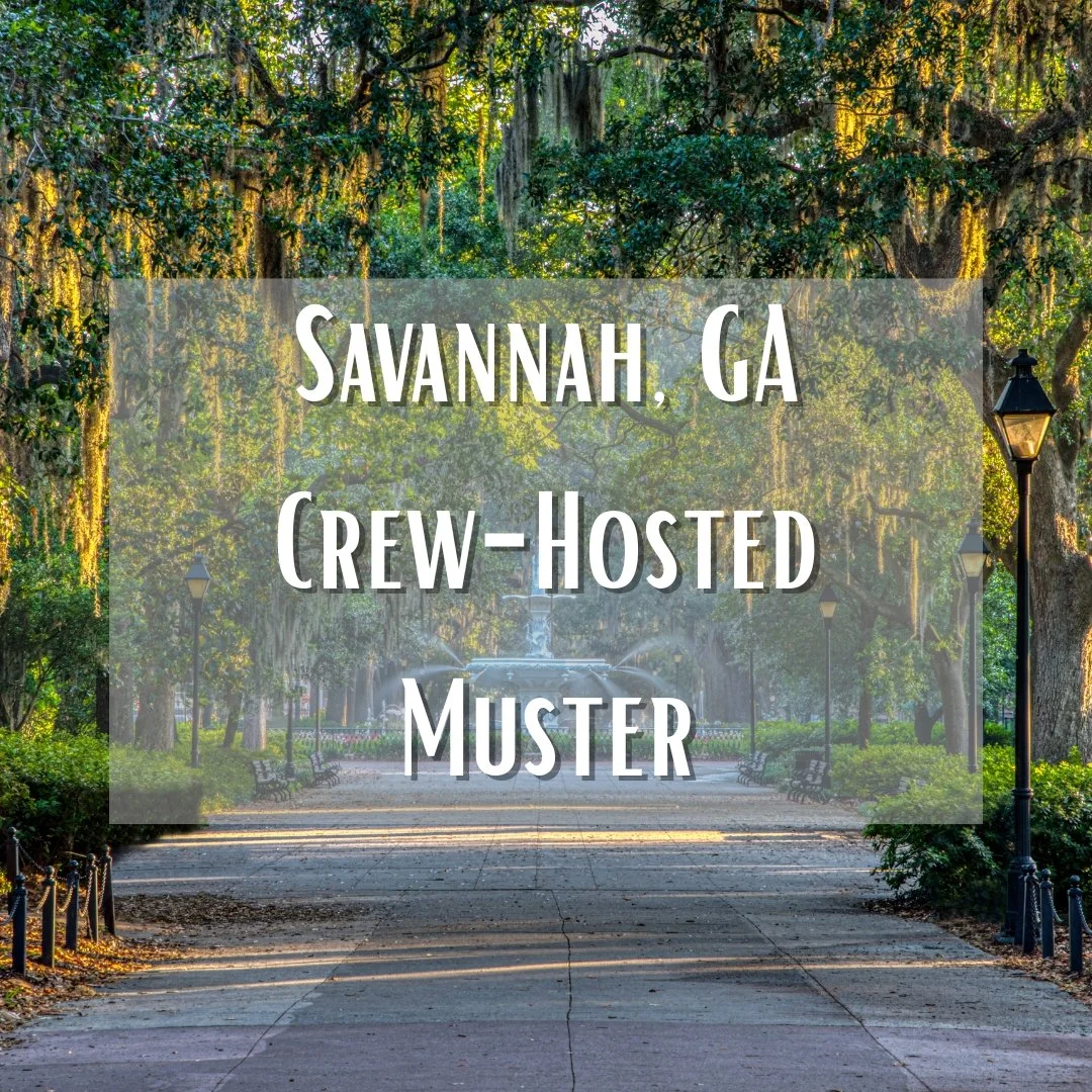 Oak trees with spanish moss lining walkway - Savannah, GA, crew-hosted muster